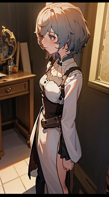 Close-up of a woman in a dress standing near a dressing table，guweiz masterpiece，guweiz，guweiz style artwork，8k high quality detailed art，cgstation trends，cgstation trends，Beautiful charming anime woman，Very detailed and rich costumes，Steampunk beautiful anime woman，Elegant corset