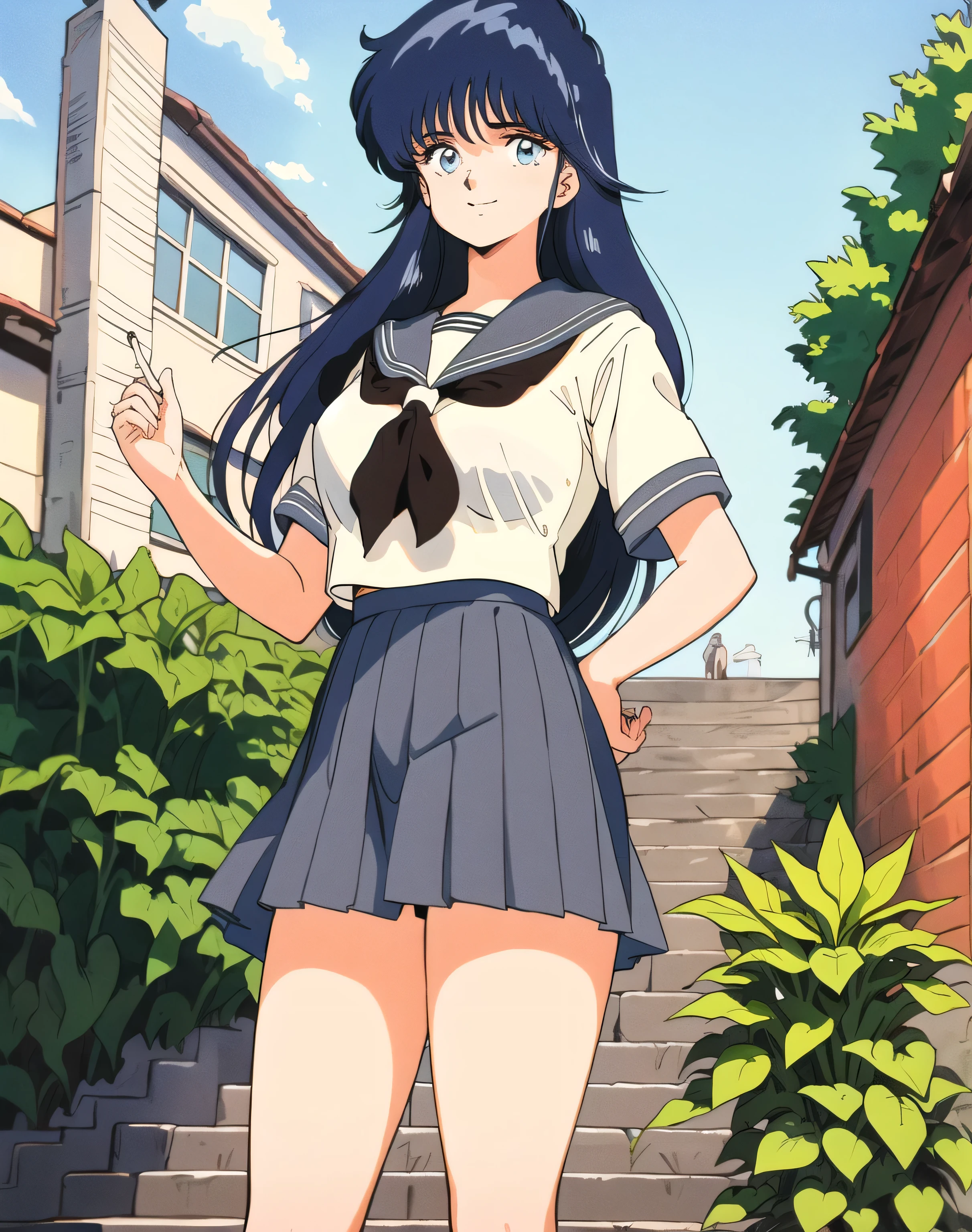 (masterpiece, high quality:1.2:), (Vivid colors:1.0), (Beautiful, detailed eyes),Brown, Short sleeve,, From below, //// (Anime Style, Retro art style, Clean brush strokes, Very detailed, Perfect Anatomy, Browsing Caution), 1 girl, alone,((ayukawa madoka)), blue eyes, Blue Hair, Long Hair, Parted bangs, hair ornaments, smile, Cowboy Shot、(Huge breasts:1.6、(Sailor suit)), Narrow waist: 1.1, (mini skirt:1.7, School Uniforms), panties、(stand, Spread your legs),Looking at the audience,(null, garden, Stairs on the hill,