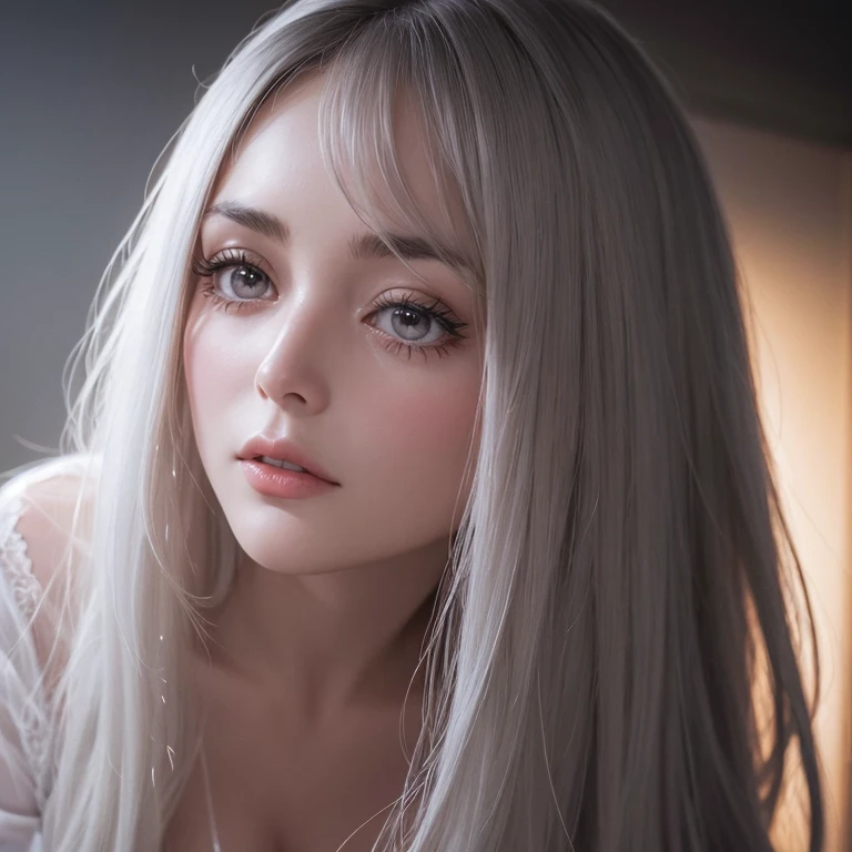 Dream atmosphere, ultra-detailed, young silver-haired girl (Sharon Tate), pale-gray hair (with hair fringe), very sensual, light eyes, bright pale skin, realistic shadows, in tight gothic clothes, big ass, thick legs, Wearing extremely tight black panties, pantyhose, wearing a mini blouse, textures realistic, very realistic, extremely sexy, 8K, 8K extremely detailed), (an extremely delicate and beautiful), (masterpiece), (best quality: 1.0), (ultra high resolution: 1.0) 