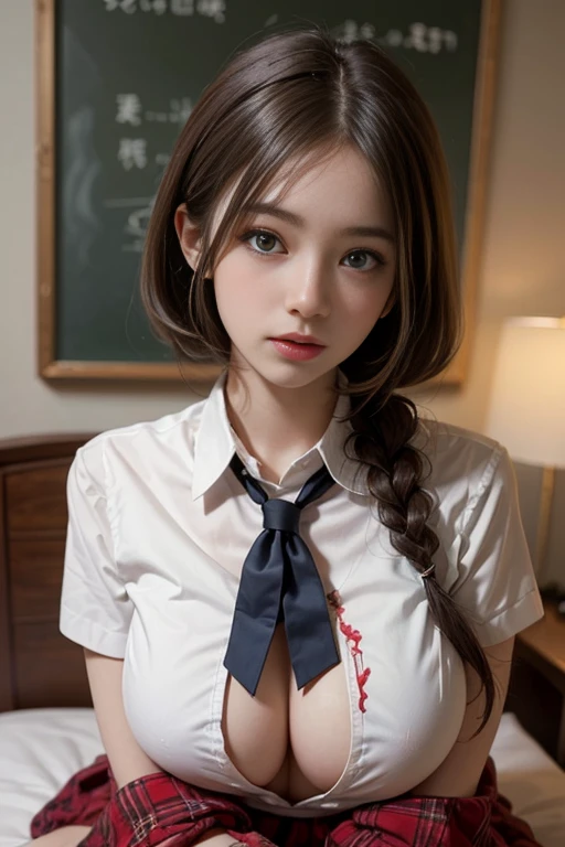 (Front Focus),Surrealist female portraits by David Hockney and Alphonse Mucha,((Huge boobs))、((Upper body naked))、( Expose)、I want to mate、Mating OK、((ホテルのbed))、bed、((Attractive pose))、Fantasy art,((Light brown short braids))、((Sexy school girl uniform))、((Sexy school girl costumes))、((Sexy school girl、 Clothes with little fabric))、美しく刺繍されたSexy school girlのコスチューム,High quality embroidered clothing and fine jewelry,Like the picture,Dynamic Lighting,Art Station,Poster,Volumetric Lighting,Highly detailed face,4k'',((Huge boobs))、With diamonds,Sexy thighs,腹部をExposeさせる ,Chest 1 Girl, In the Dark, Deep Shadow, Low Tone, Cowboy Shot,(Official attire:1.4), Eyes confused、It's tempting,legs apart、((Sexy panties in full view:1.05))、((Spread your legs wide:1.45))