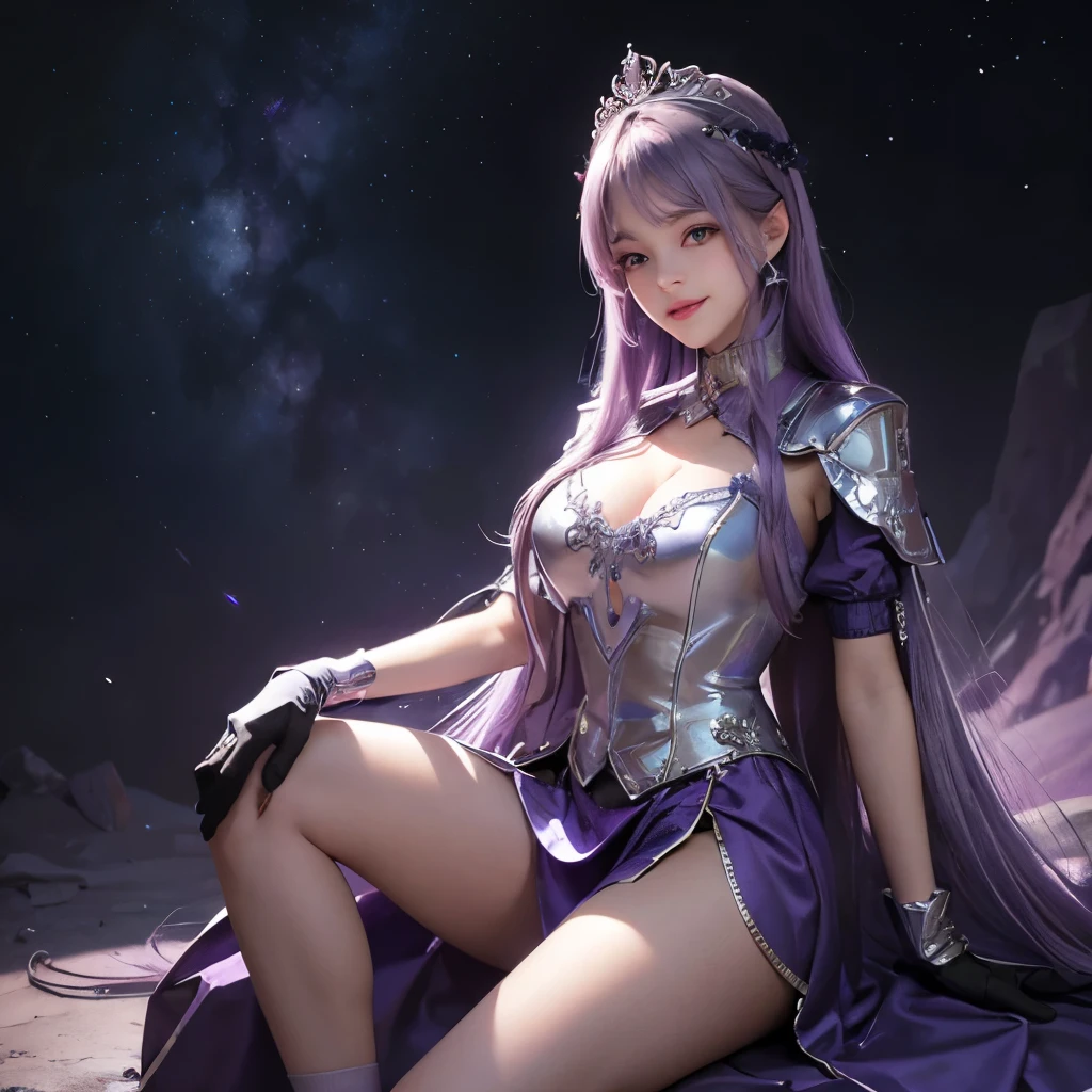 Girl, silver and violet uniform, violet hair, wear tiara, wear glove, detailed hand, round face, detailed face, parted lips, smile, picture form top to knee, sexy pose, big chest, look at camera, camera from top to bottom, detailed, photorealistic, best quality, night sky background