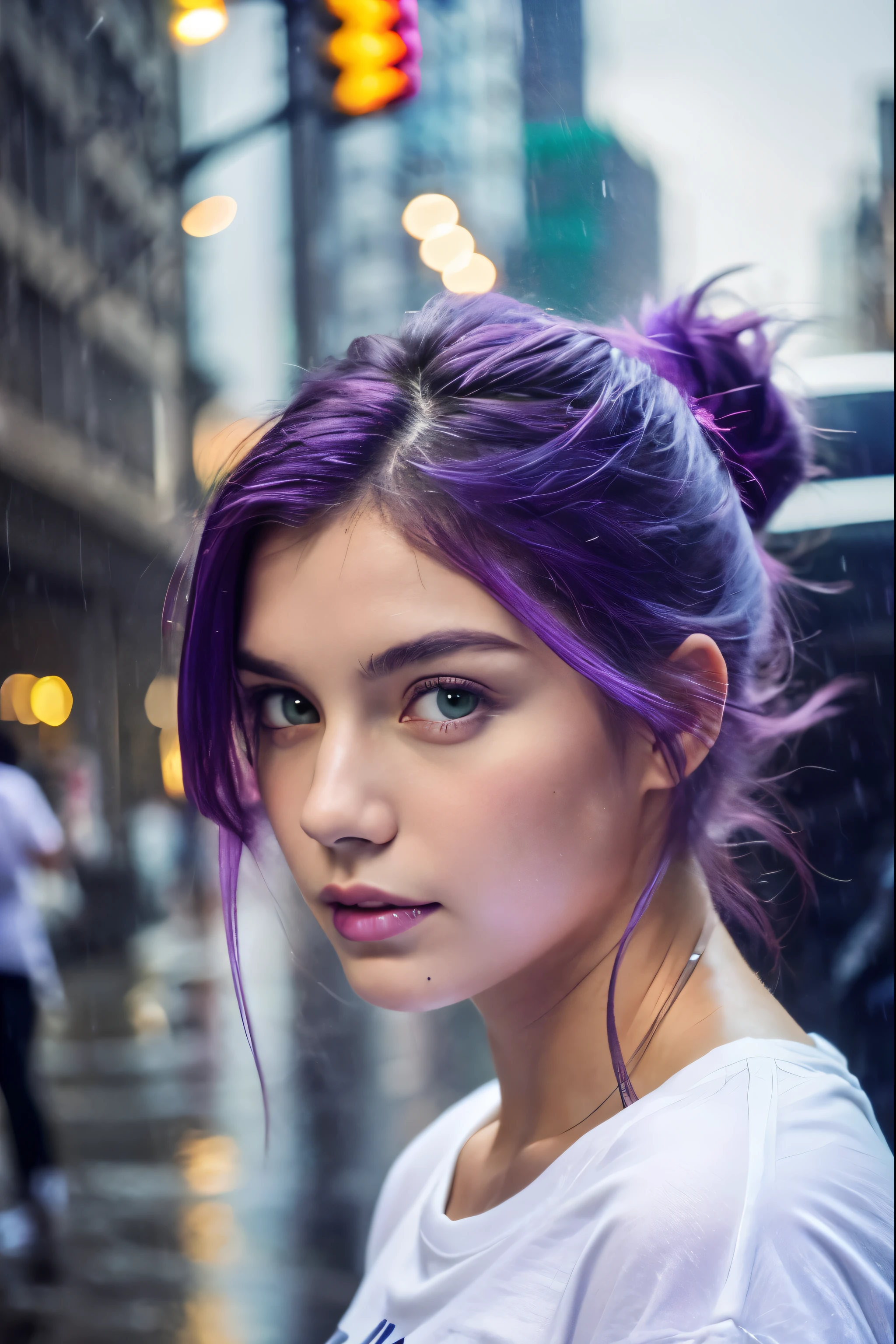 Accurate as a photo、French beauty soaked in heavy rain、Purple Hair、Green Eyes、White T-shirt、thunderstorm、Streets of New York