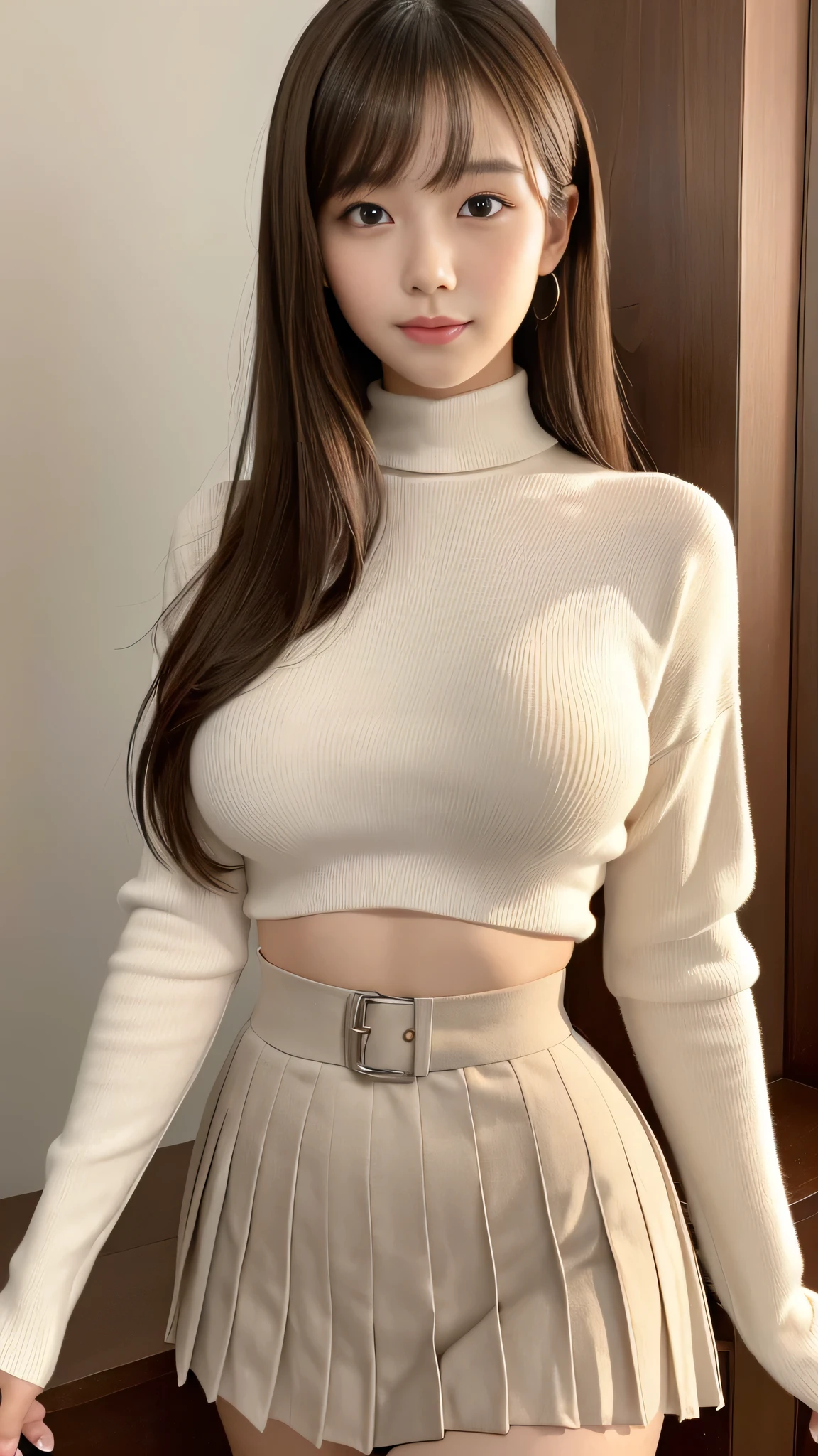 (Detailed skin:1.2),(Shiny skin:1.1),8k,highest quality, masterpiece, Ultra-high resolution,(Realistic:1.4), RAW Photos,(Soft Saturation:1.3),(Fair skin:1.2),1 Japanese Idol,fix,20 years, Brown Hair, Medium Hair, Asymmetrical Hair, Wavy Hair, Asymmetrical bangs
(Pretty face:1.4), (Big Breasts, Tight waist), Beautiful lighting, Small Head,
(High Waist Mini Pleated Skirt:1.2, Short turtleneck knit:1.2, Korean Fashion:1.2), (Belly button:1.2, Slim Abs), Highly detailed face, Highly detailed lips, Fine grain, double eyelid, smile, Full Body Shot, Browsing Caution, Sharp focus: 1.2, Beautiful woman with perfect figure: 1.2、Random pose