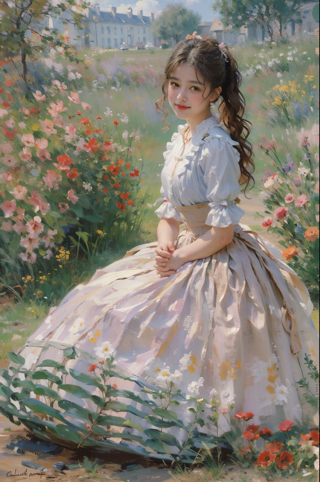 -yeld gi (Claude Monet Style), ((masterpiece)) with collected hair, skirt and shirt, blush on cheeks, Rowan beads, naivety and simplicity, Emotional smile, Proper anatomy of the body, Realistic, Classical French painting, Academic, Extreme Detail, Colorful plot