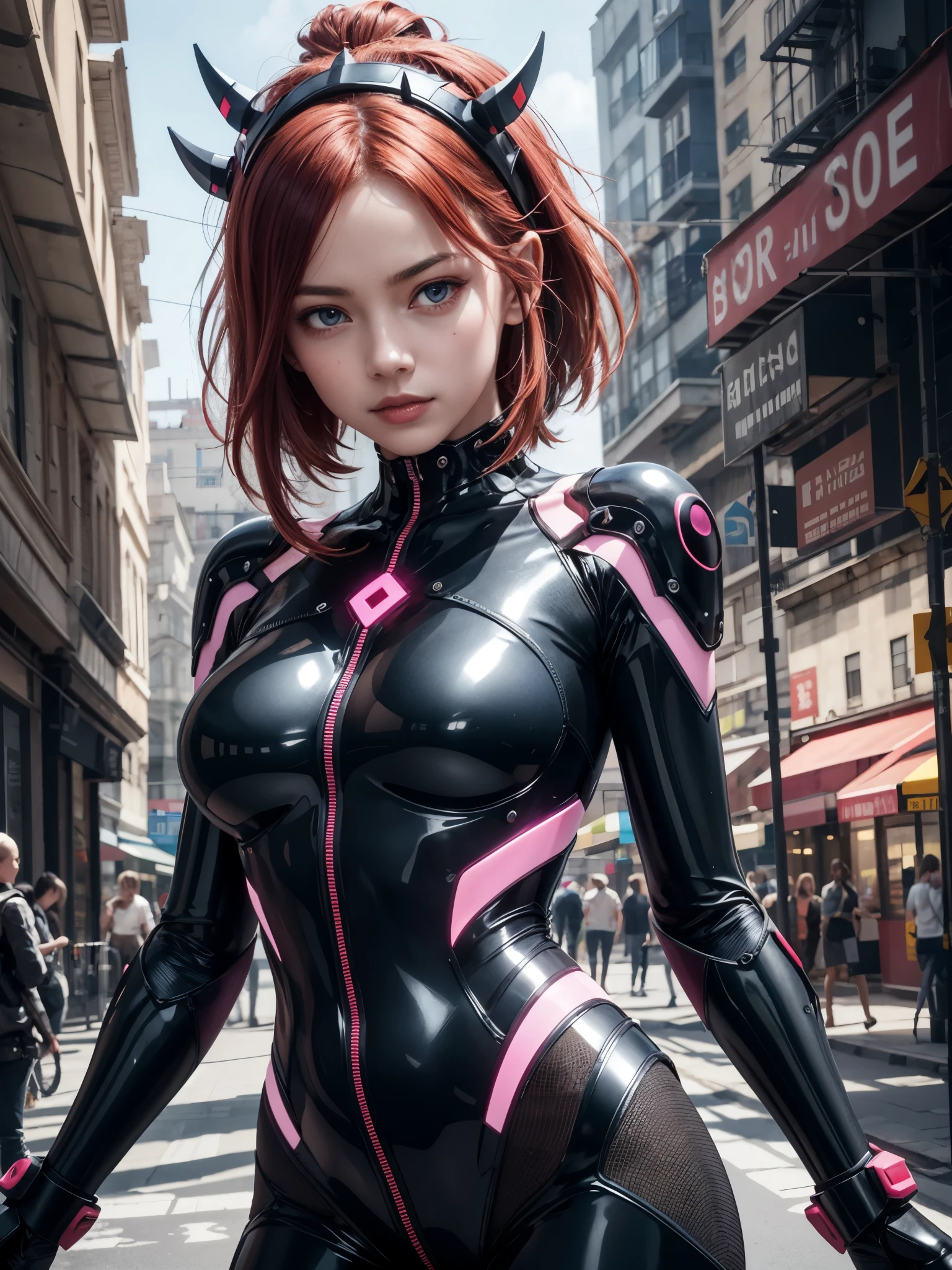 girl wearing a sleek futuristic design bodysuit, 1girl, extremely detailed bodysuit, detailed face, looking at viewer, simple futuristic building at background, masterpiece, surrealism, (photorealistic:1.4), black porcelain, red hair, shiny skin, sharp focus, edge light, complex detailed ornament, sumerian culture, radiant purple eyes, neon details, cyber headpiece, huge breasts, (9yo, cute:1.3), 