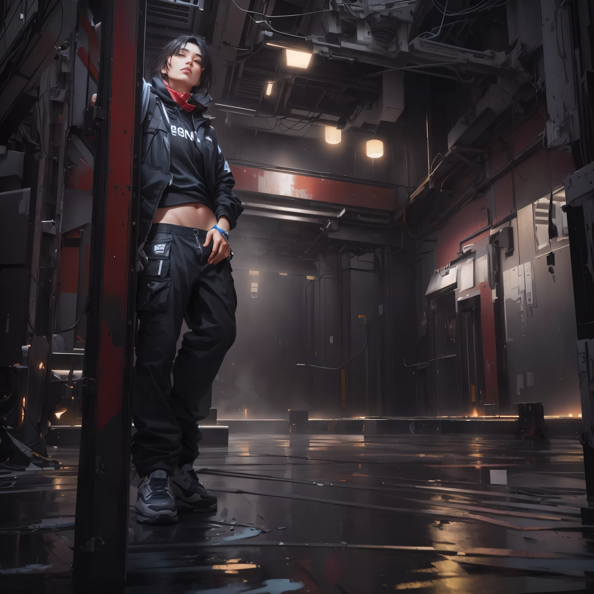 there's a man standing in a room with lots of lights, hyper-realistic Estilo Cyberpunk, moda urbana ciberpunk, estilo de arte cyberpunk, arte cyberpunk ultrarrealista 8k, wearing moda urbana ciberpunk, in Estilo Cyberpunk, muted Estilo Cyberpunk, estilo de cyberpunk, has Estilo Cyberpunk, arte digital de anime cyberpunk, inspirado em Yanjun Cheng, Estilo Cyberpunk, Arte conceitual como Ernest Khalimov