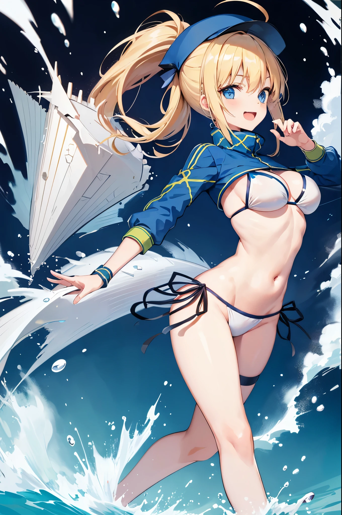 masterpiece,(ultra-detailed),1girl, mysterious heroine xx \(fate\), half_eyes,smile,open mouth, swimsuit, white bikini, side-tie bikini bottom, shrug \(clothing\), jacket, thigh strap, wristband, large_breasts, ocean, splashing,blonde_ponytail,open_legs,cap,happiness,standing,
