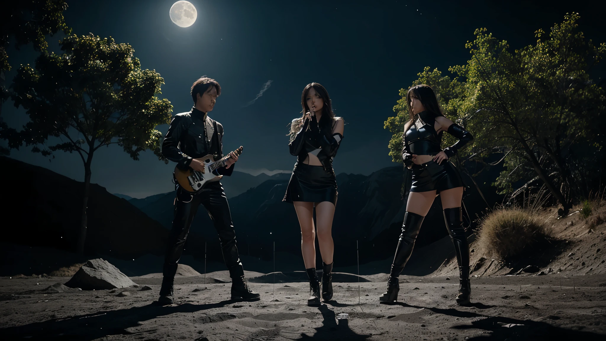 A futuristic rock band with a beautiful female singer、Music is being played on the moon with the Earth in the background。