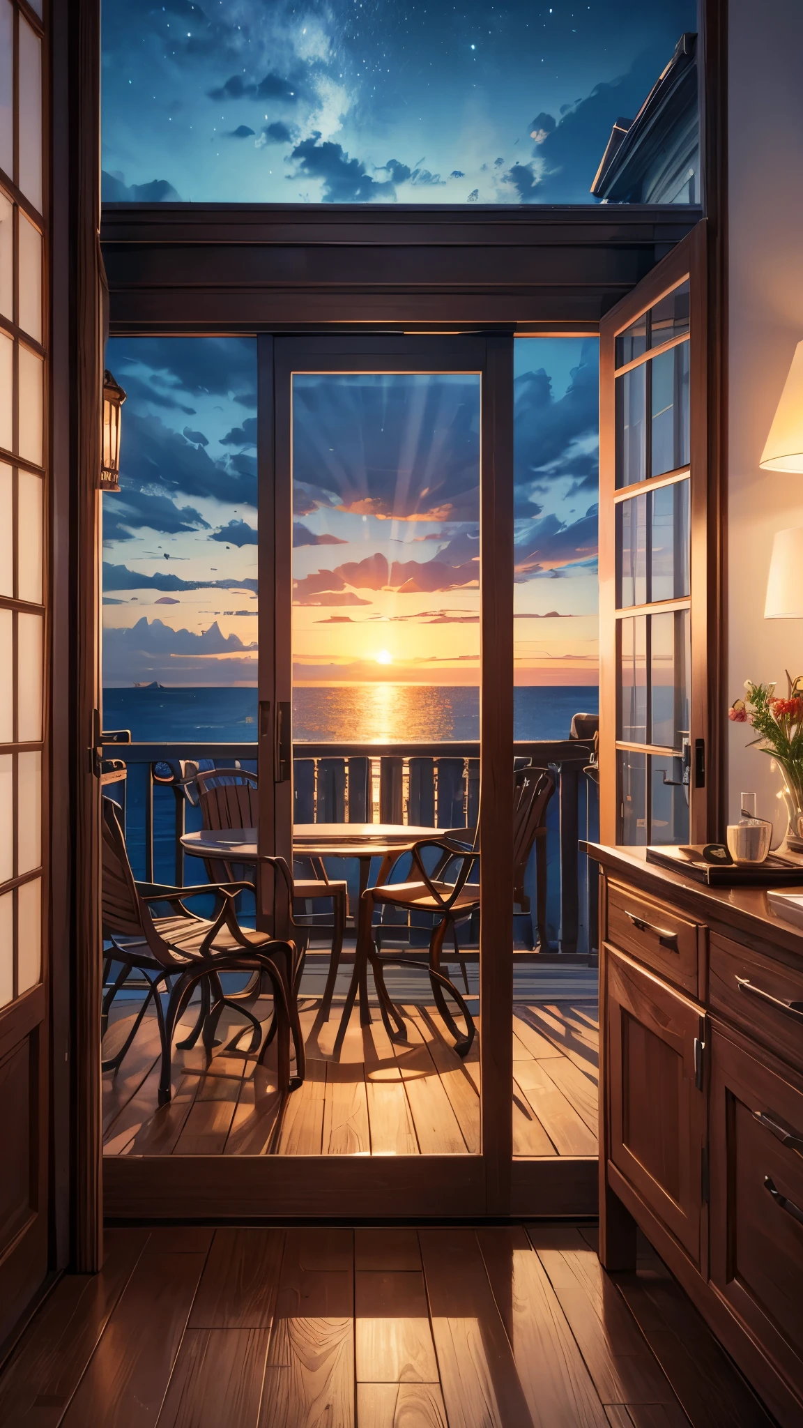 masterpiece, best quality, hyper detailed, beautiful, Full-HD, animation, seaside inn, inside, evening, window