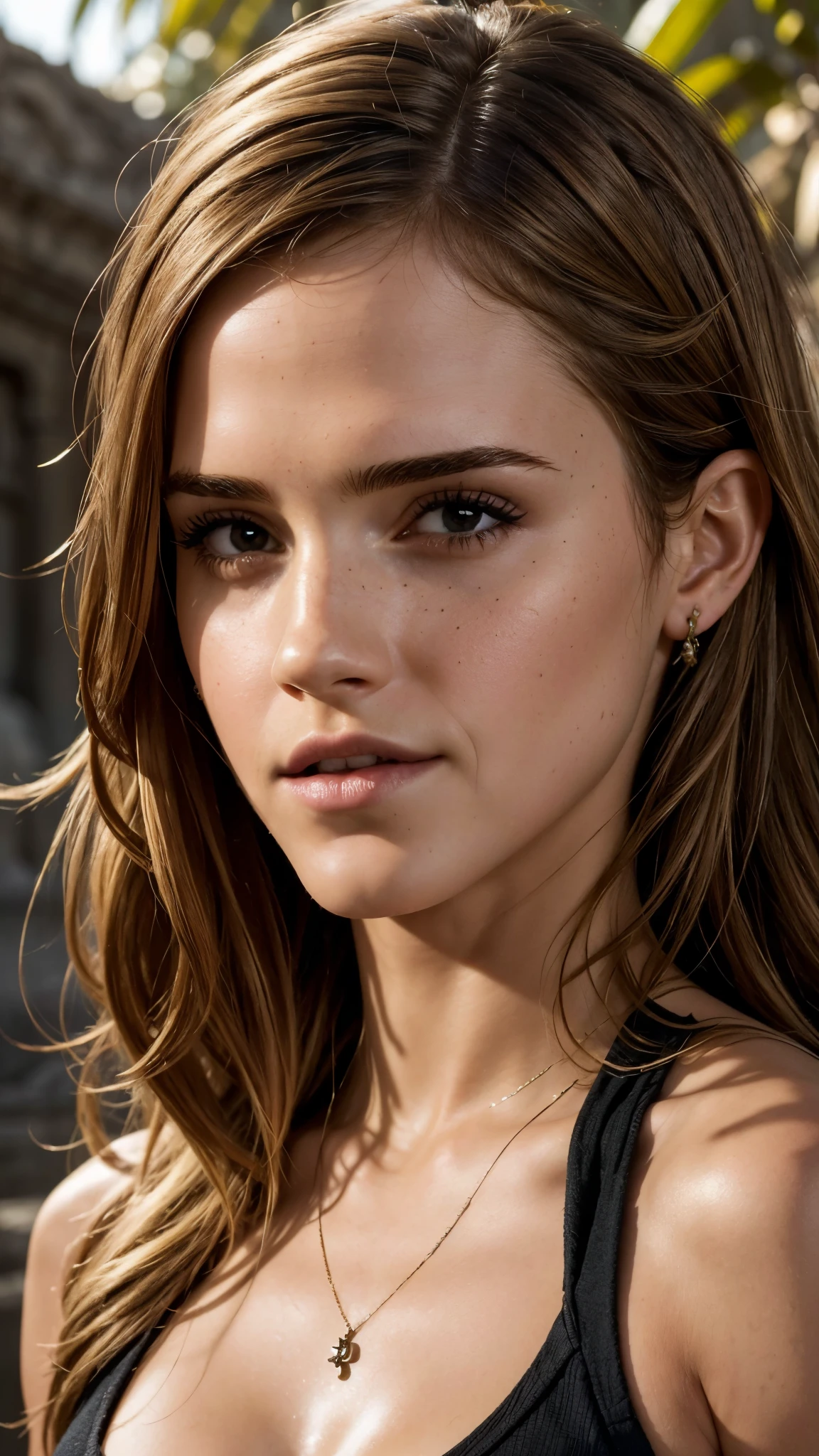 (best quality,4k,8k,highres,masterpiece:1.2),ultra-detailed,(realistic,photorealistic,photo-realistic:1.37),2 girls,Jessica Alba,((Emma Watson)),Lara Croft likeness,beautiful detailed eyes,beautiful detailed lips,extremely detailed eyes and face,long eyelashes,adventurous atmosphere,treasure hunting,action-packed scene,mysterious ruins,exotic landscapes,ancient artifacts,fierce expressions,dynamic poses,strategically placed lighting,dramatic shadows,vivid colors,portraits