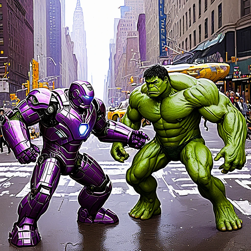 Painting of Iron Man and The incredible hulk battling purple robo aliens in New York city, style of Claude Monet