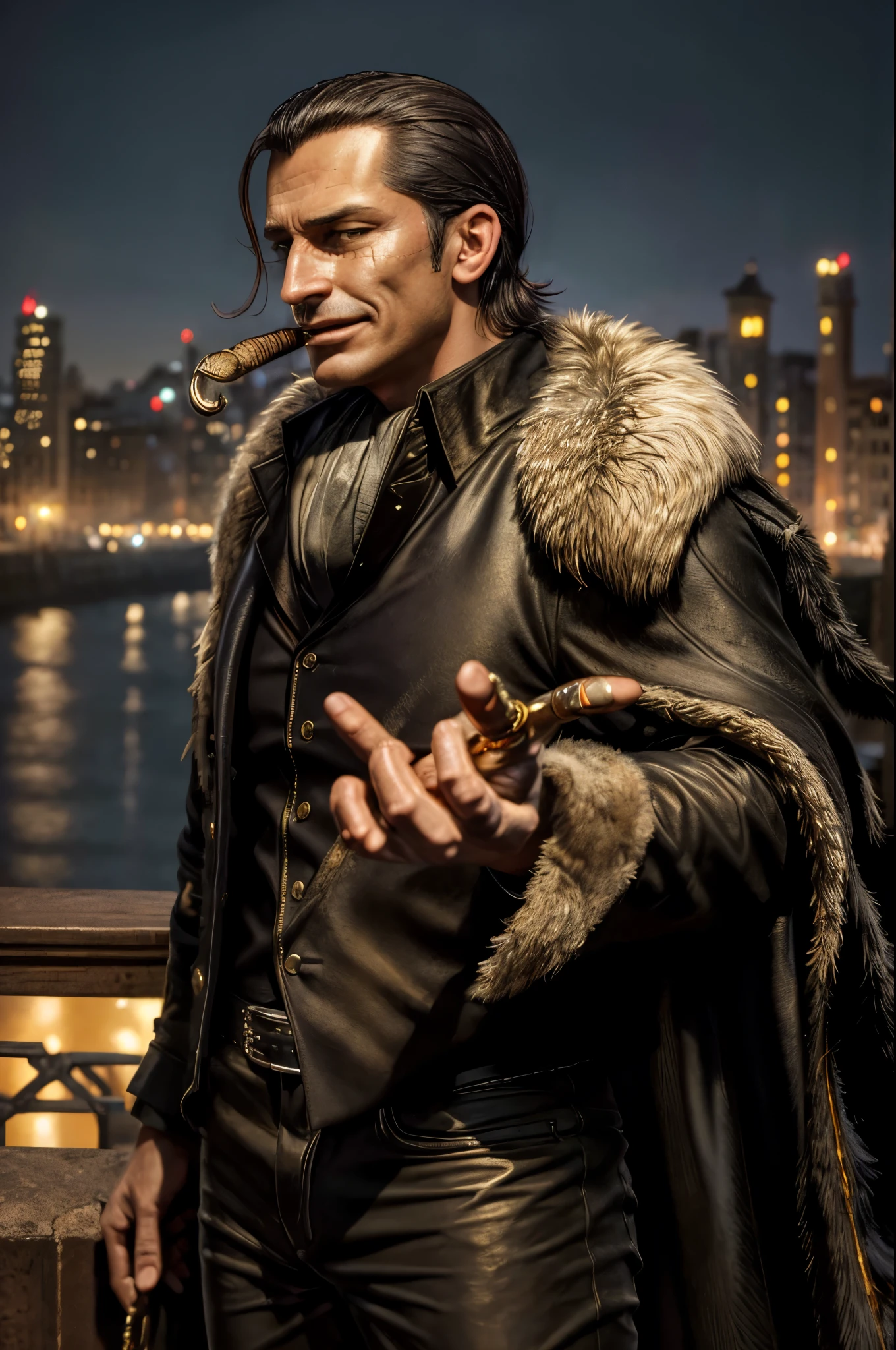 masterpiece, best quality, extremely detailed, hyperrealistic, photorealistic, a cool 40s man, ultra detailed face:1.2, fur-trimmed coat, scarf around the neck, his left hand is a golden pirate hook, cigar, in the night, city, bridge, river,, sly smile, dynamic pose