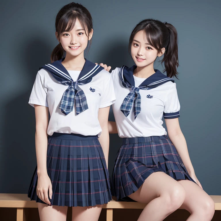 Greater than, Slim figure, woman, (((white short sleeve sailor uniform))), (((Dark blue plaid pleated skirt))), Laughter, huge , Bans, , classroom,Real Skin, ponytail, beautiful, highest quality, beautiful顔, beautiful手
