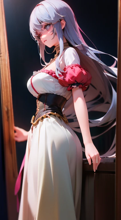 Close-up of a woman in a skirt standing near a full-length mirror，guweiz masterpiece，guweiz，guweiz style artwork，8k high quality detailed art，cgstation trends，cgstation trends，Beautiful charming anime woman，Very detailed and rich costumes，Steampunk beautiful anime woman，Elegant corset