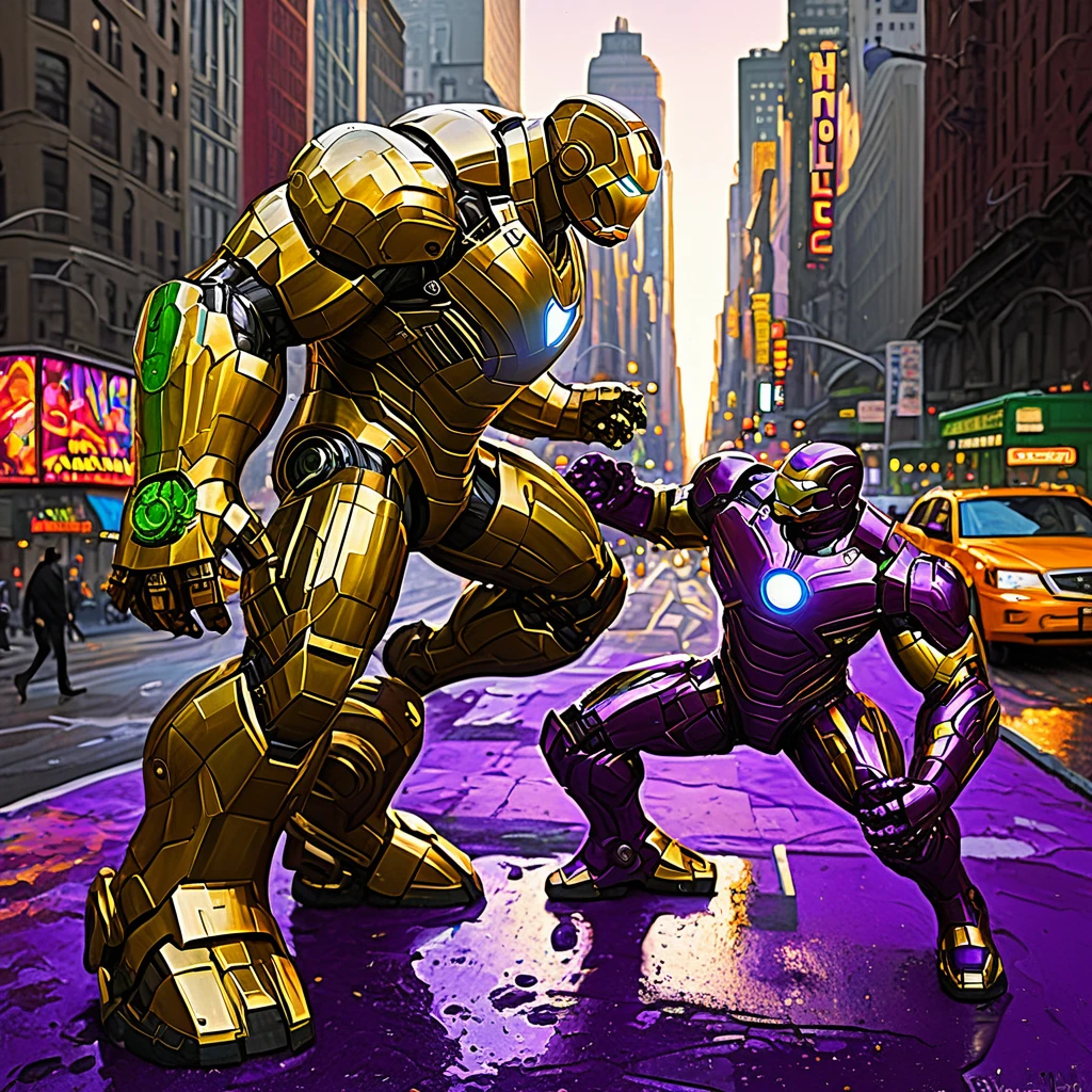 painting, Iron Man, The Incredible Hulk, battling, purple robo aliens, New York City, Claude Monet style, detailed, vibrant colors, cityscape, sunset, towering buildings, golden glow, sleek, red and gold suit, mechanical details, arc reactor, massive, green, muscles, ferocity, menacing, metallic textures, neon lights, wet asphalt, brushstrokes, quick and lively, dynamic, bold, Impressionist, play of light and shadow, depth, harmonious composition, central action, surrounding environment.