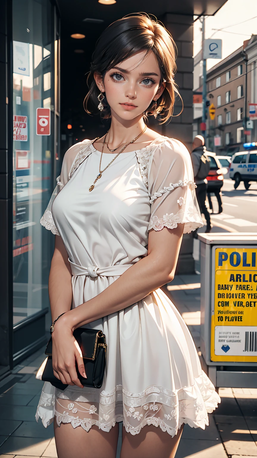 1 female, Black Hair, Blue Eyes, Delicate face, cute, Love Earrings, White Dress, Standing in front of the police station, Surreal