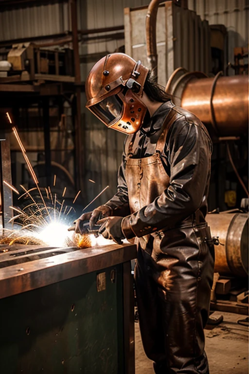 Welding logo,copper shiny with sparkle touch,name WW,((caption: WELDING WARRIOR))