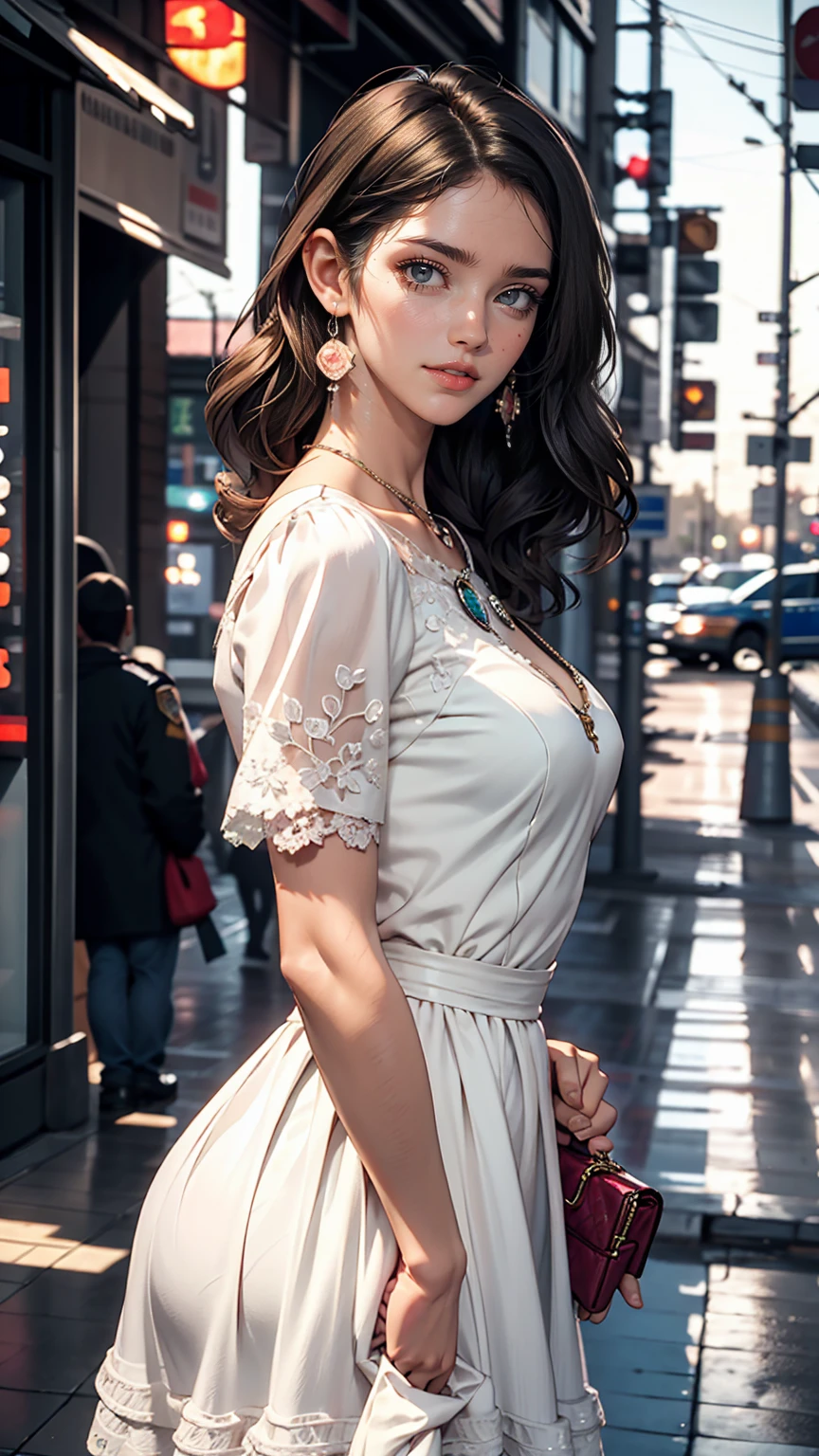 1 female, Black Hair, Blue Eyes, Delicate face, cute, Love Earrings, White Dress, Standing in front of the police station, Surreal