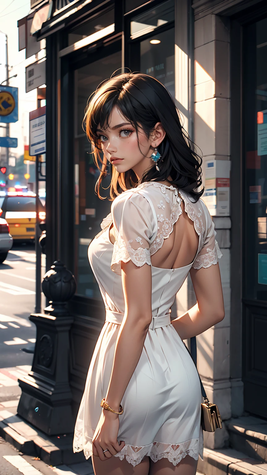 1 female, Black Hair, Blue Eyes, Delicate face, cute, Love Earrings, White Dress, Standing in front of the police station, Surreal