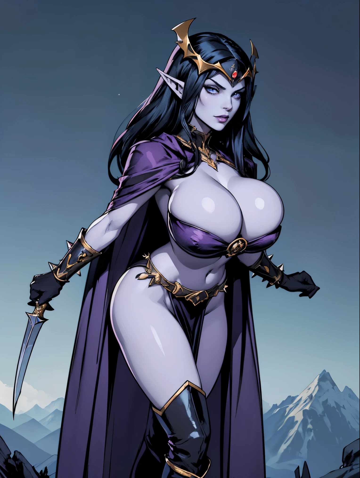 (masterpiece, top quality, best quality, official art, beautiful and aesthetic:1.2), (1girl:1.3), ((Sharp facial features, sharp features, hawkish features)), ((big hair, long elf ears, long black hair)), (((pale purple skin, pale blue skin, blue skin, purple skin))), big tiddy dark elf girl, extremely detailed, portrait, looking at viewer, solo, (full body:0.6), detailed background, full-body shot, (cold night mountain theme:1.1), dark elf war dancer, (spiky winged helmet), charlatan, smirk, mysterious, swaying in mountains, skimpy attire, revealing gladiatrix costume, ebony metal, gold filigree, long boots, dual knives, blood red fabric, pelvic curtain, loincloth, black leather, ((((topless, gigantic breasts, cleavage, skindentation, long legs, pelvic curtain)))), cute belly button, toned tummy, slim waist, slim hips, long legs, medieval (mountain exterior:1.1) background, dark mysterious lighting, shadows, magical atmosphere, dutch angle
