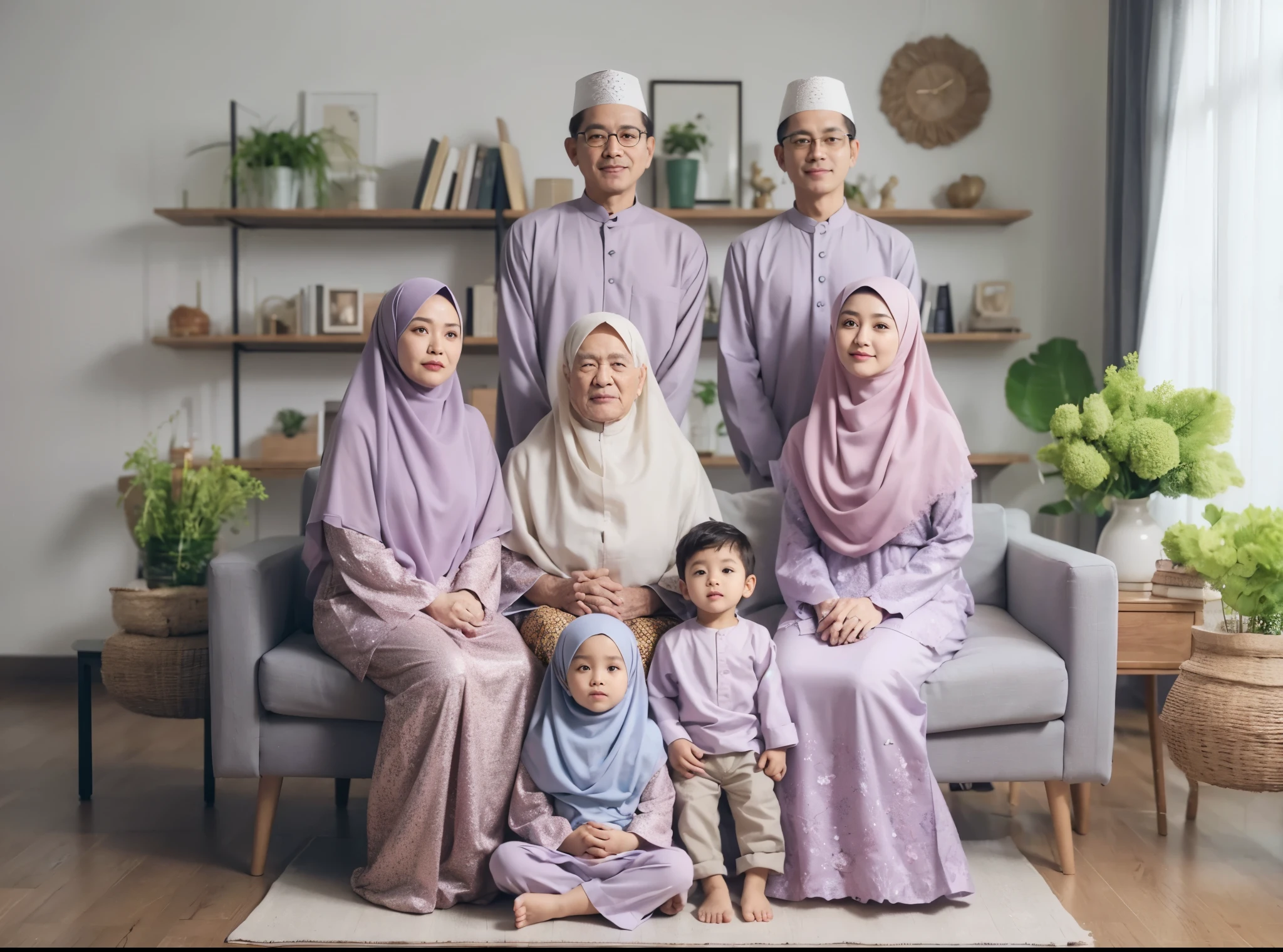 Family photo in Indonesia, seven members, 80-year-old grandmother, two adult men and two adult women aged 45, one 7-year-old girl and one 3-year-old boy, all wearing coordinated navy Malay Muslim clothing and matching sharia long dresses, wearing hijabs, realistic photo, living room background, daylight lighting, green flower vase, detailed, best photography, uhd, 32k