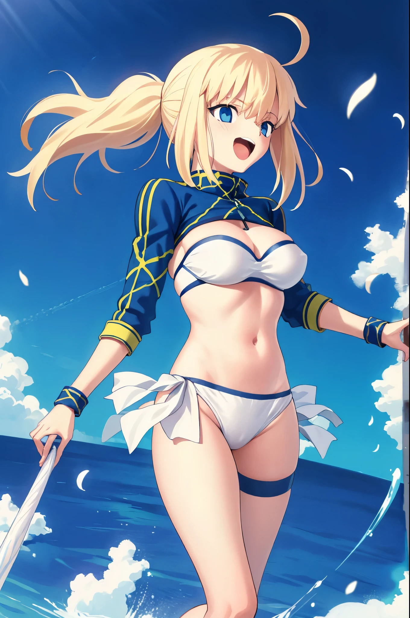 masterpiece,(ultra-detailed),1girl, mysterious heroine xx \(fate\), half_eyes,smile,open mouth, swimsuit, white bikini, side-tie bikini bottom, shrug \(clothing\), jacket,  thigh strap, wristband,  large_breasts, ocean, splashing,blonde_ponytail,open_legs,cap,happiness,standing,