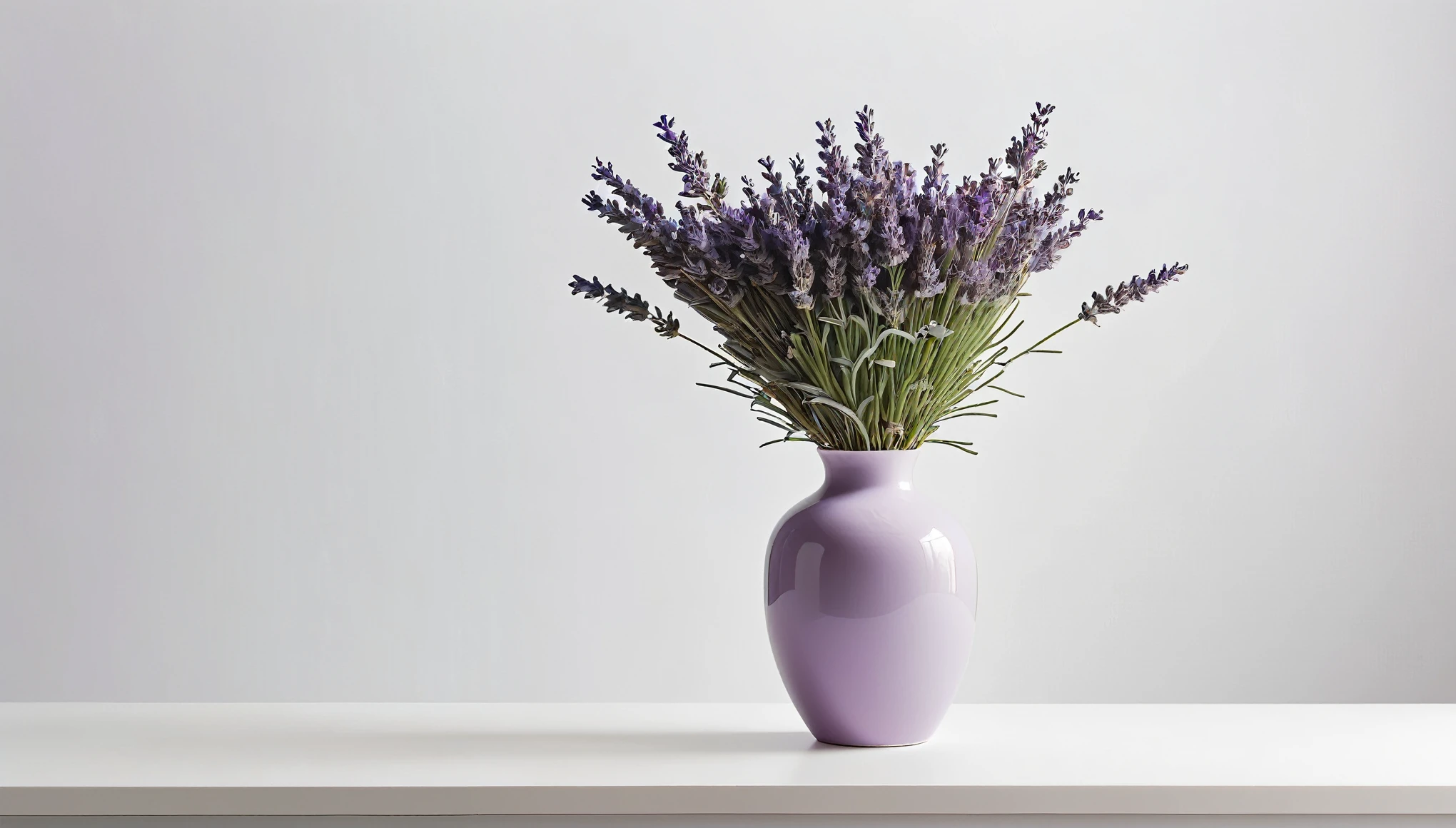 lavender vase and minimalistic white background, shot in the right side