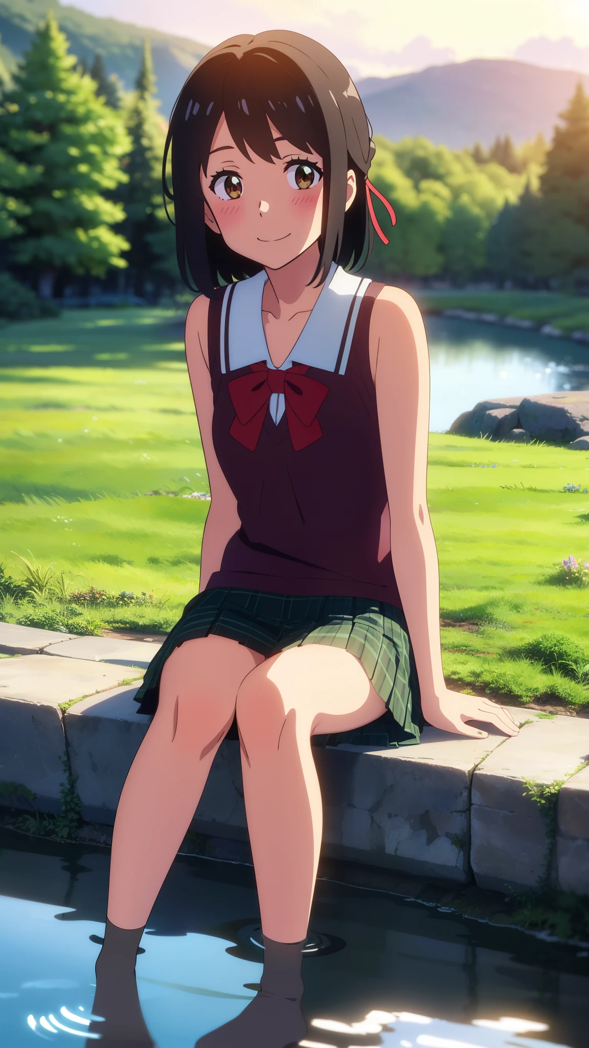 shinkai makoto, kimi no na wa., 1girl, bangs, black hair, blush, brown eyes, shinny skin, red headband, red bow, red ribbon, green sundress, green skirt, plaid skirt, bare shoulders, bare-legged, short hair, smile, cute, solo, happy, sitting by the river, forest, nature, current, evening, sunset, the grass glows blue