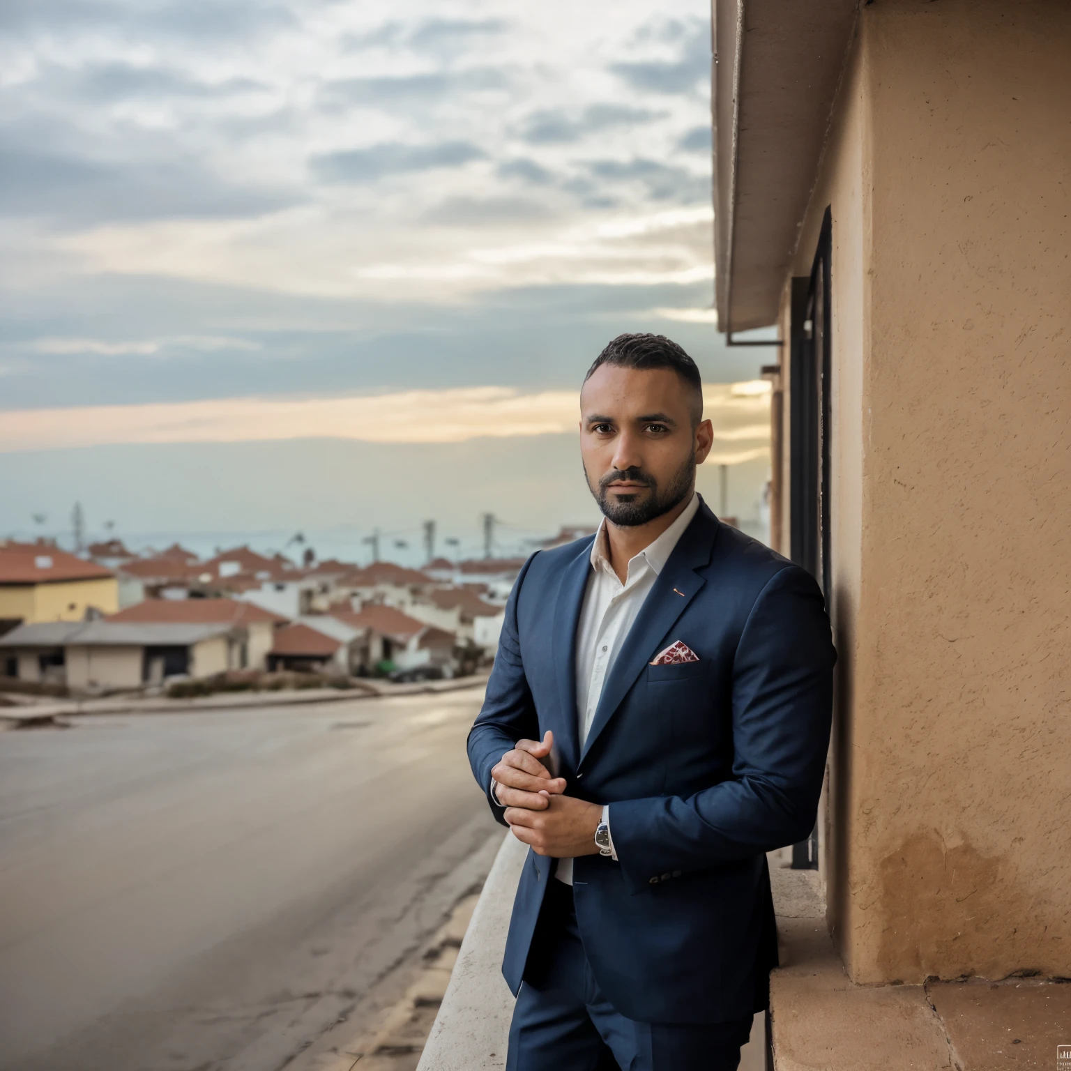 cito, 1man, 29years, black olive, businessman, front view, latin peruvian, business style, arms crossed, face ultradetail, award winning portrait photo, Key light, backlight, soft natural lighting, blue dress jacket, backlight, soft natural lighting, Man standing, photography Film grain ISO 1400 100mm lens Aperture RAW f1.4, highly detailed, looking at the horizon, 8k, Latin, (analogue photography: 1.0), hdr colors, background buildings city