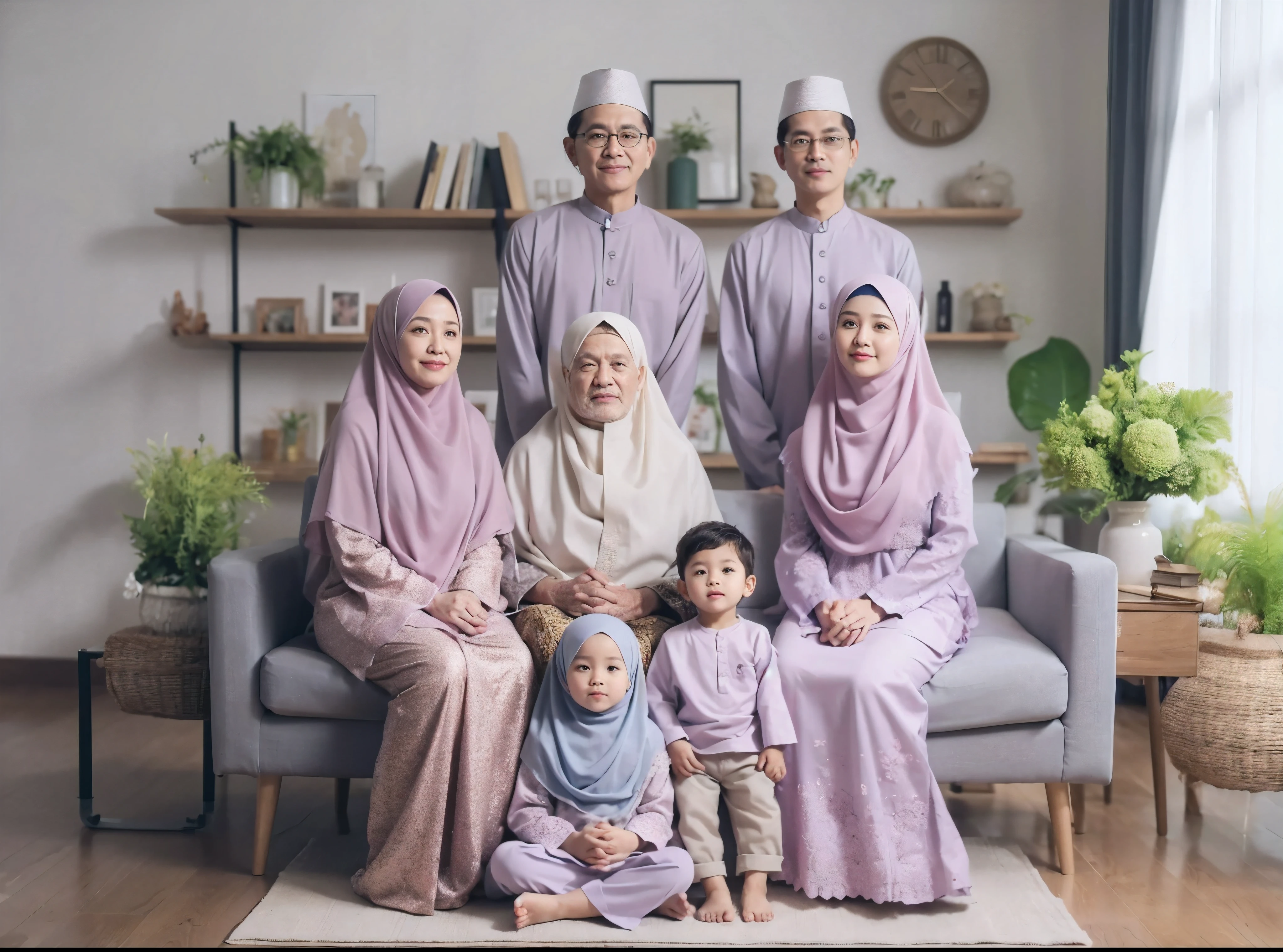 Family photo in Indonesia, seven members, 80-year-old grandmother, two adult men and two adult women aged 45, one 7-year-old girl and one 3-year-old boy, all wearing coordinated navy Malay Muslim clothing and matching sharia long dresses, wearing hijabs, realistic photo, living room background, daylight lighting, green flower vase, detailed, best photography, uhd, 32k