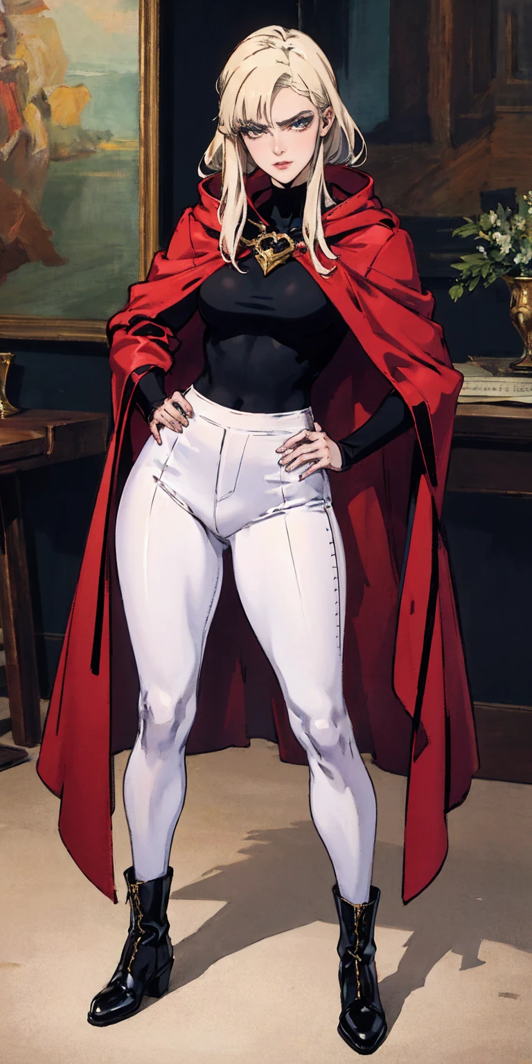 A woman with long platinum blonde hair, choppy bangs, arched crescent eyebrows, sharp and determined eyes, a delicate oval face, a serious expression, a fantasy-style dark green military coat, draped with a dark red cloak, military trousers, leather combat boots, silver greaves leggings, one hand on her hip, standing in a spacious training ground, this character embodies a finely crafted fantasy-style female military officer in anime style, exquisite and mature manga art style, pale skin, high definition, best quality, highres, ultra-detailed, ultra-fine painting, extremely delicate, professional, perfect body proportions, golden ratio, anatomically correct, symmetrical face, extremely detailed eyes and face, high quality eyes, creativity, RAW photo, UHD, 32k, Natural light, cinematic lighting, masterpiece-anatomy-perfect, masterpiece:1.5