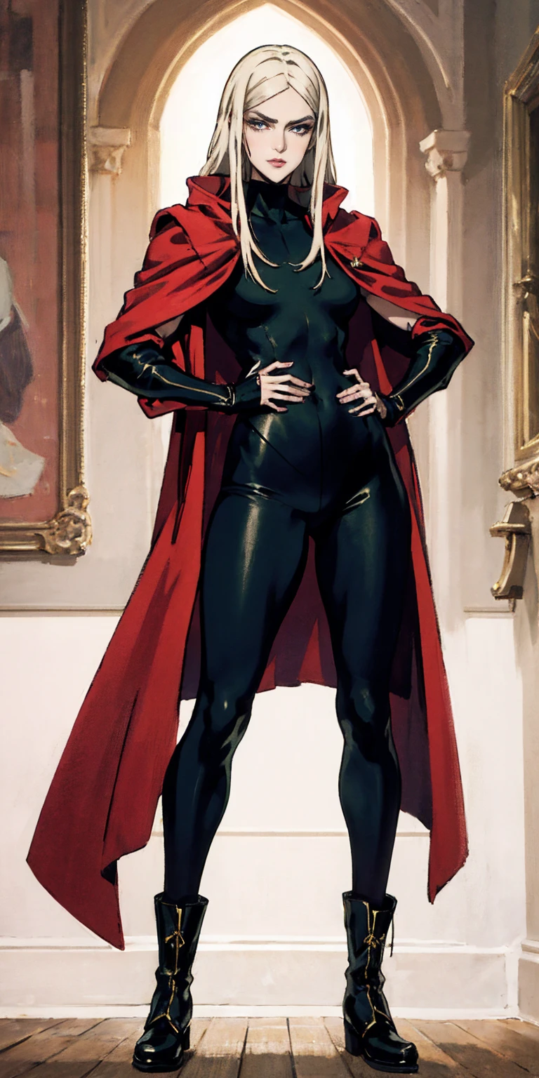 A woman with long platinum blonde hair, choppy bangs, arched crescent eyebrows, sharp and determined eyes, a delicate oval face, a serious expression, a fantasy-style dark green military coat, draped with a dark red cloak, military trousers, leather combat boots, silver greaves leggings, one hand on her hip, standing in a spacious training ground, this character embodies a finely crafted fantasy-style female military officer in anime style, exquisite and mature manga art style, pale skin, high definition, best quality, highres, ultra-detailed, ultra-fine painting, extremely delicate, professional, perfect body proportions, golden ratio, anatomically correct, symmetrical face, extremely detailed eyes and face, high quality eyes, creativity, RAW photo, UHD, 32k, Natural light, cinematic lighting, masterpiece-anatomy-perfect, masterpiece:1.5