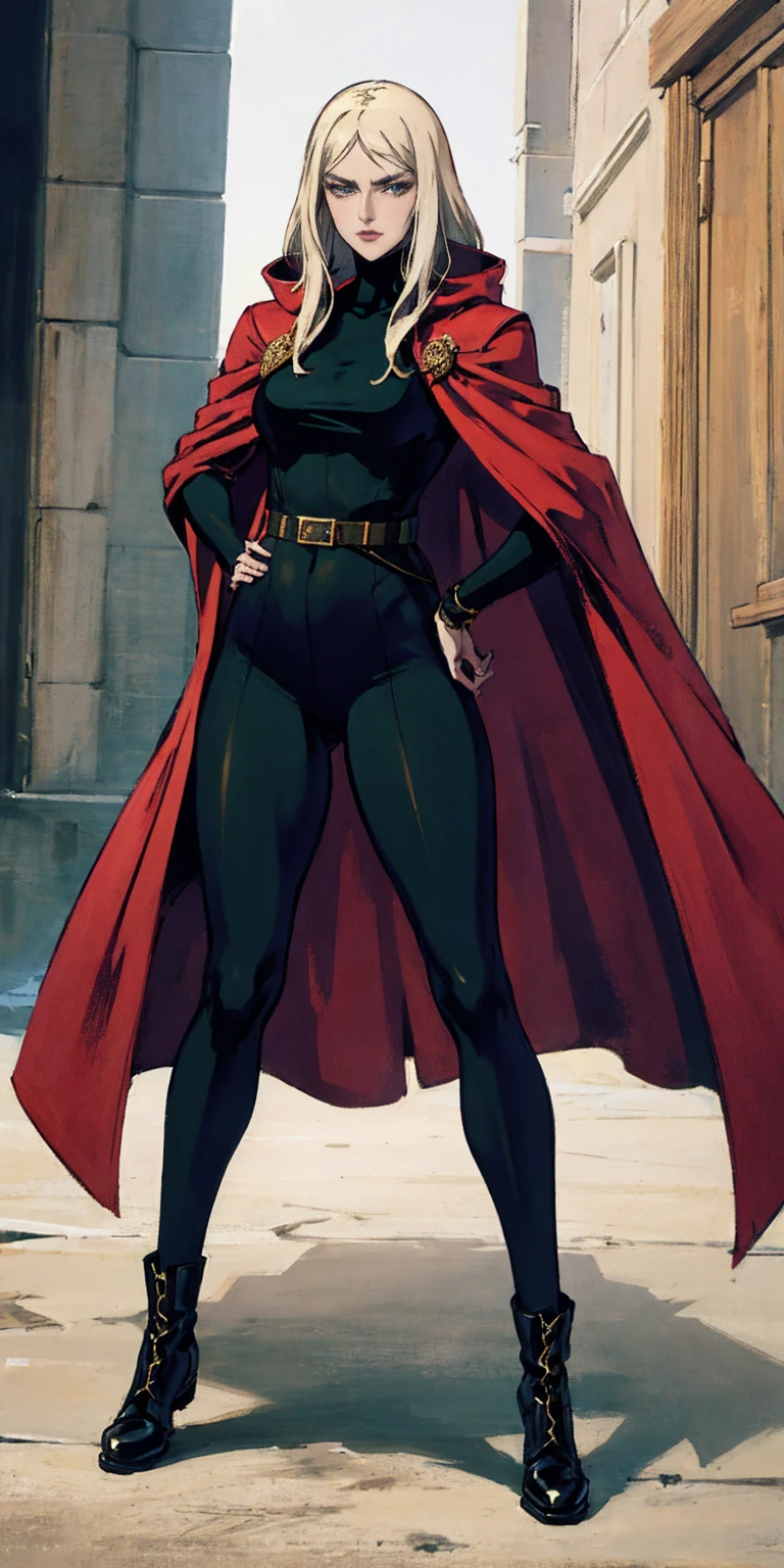 A woman with long platinum blonde hair, choppy bangs, arched crescent eyebrows, sharp and determined eyes, a delicate oval face, a serious expression, a fantasy-style dark green military coat, draped with a dark red cloak, military trousers, leather combat boots, silver greaves leggings, one hand on her hip, standing in a spacious training ground, this character embodies a finely crafted fantasy-style female military officer in anime style, exquisite and mature manga art style, pale skin, high definition, best quality, highres, ultra-detailed, ultra-fine painting, extremely delicate, professional, perfect body proportions, golden ratio, anatomically correct, symmetrical face, extremely detailed eyes and face, high quality eyes, creativity, RAW photo, UHD, 32k, Natural light, cinematic lighting, masterpiece-anatomy-perfect, masterpiece:1.5