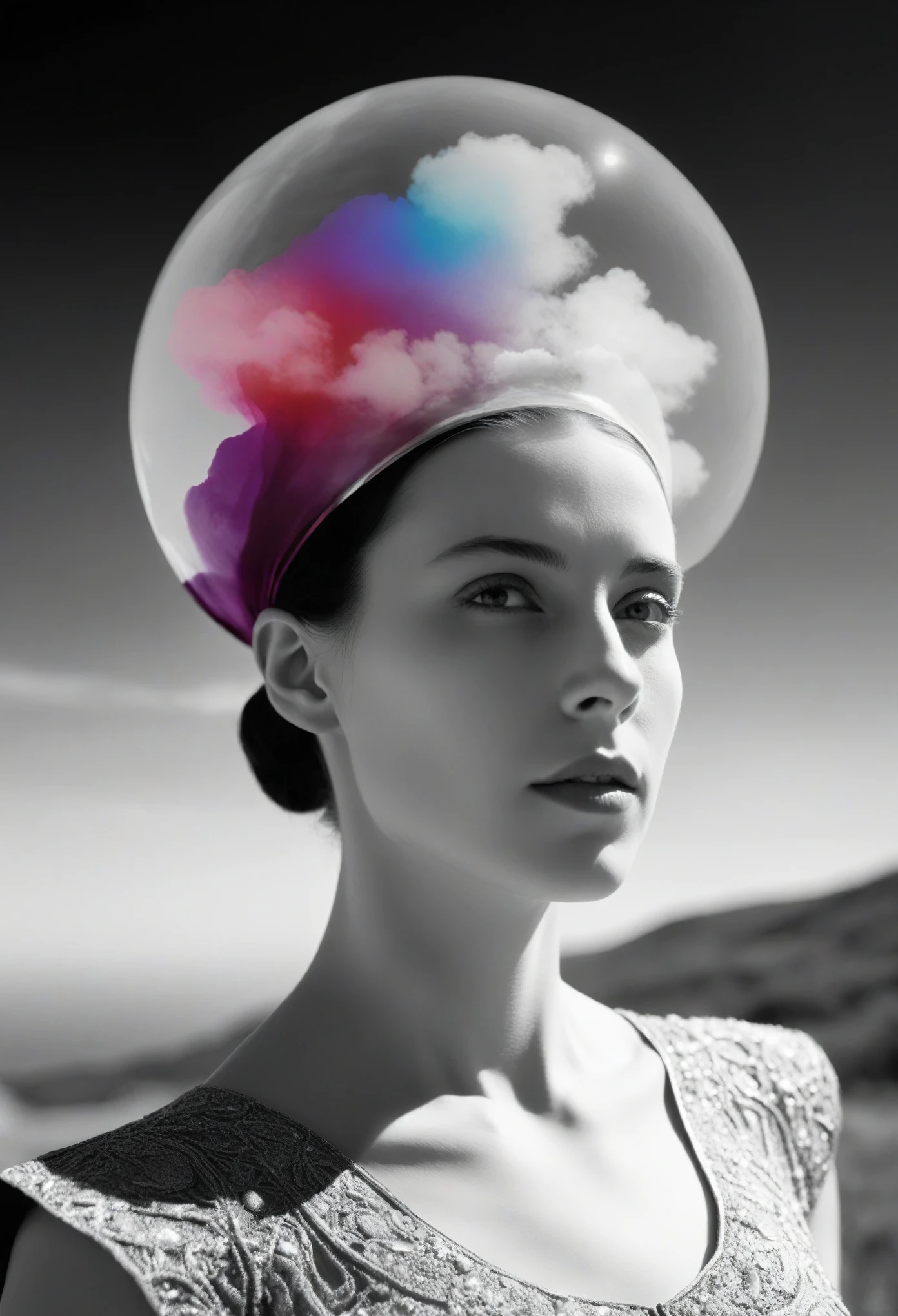 colorized b/w (film xray:1.0) negative image close-up portrait of a woman in dreamy landscape, hovering pebble, architectural headpiece, integrated haunting, (light areas appear dark and vice versa). A color negative image is additionally color-reversal, with red areas appearing cyan, greens appearing magenta, and blues appearing yellow, and vice versa. invert image, (high contrast:1.9, deep darks), negative film inversion
