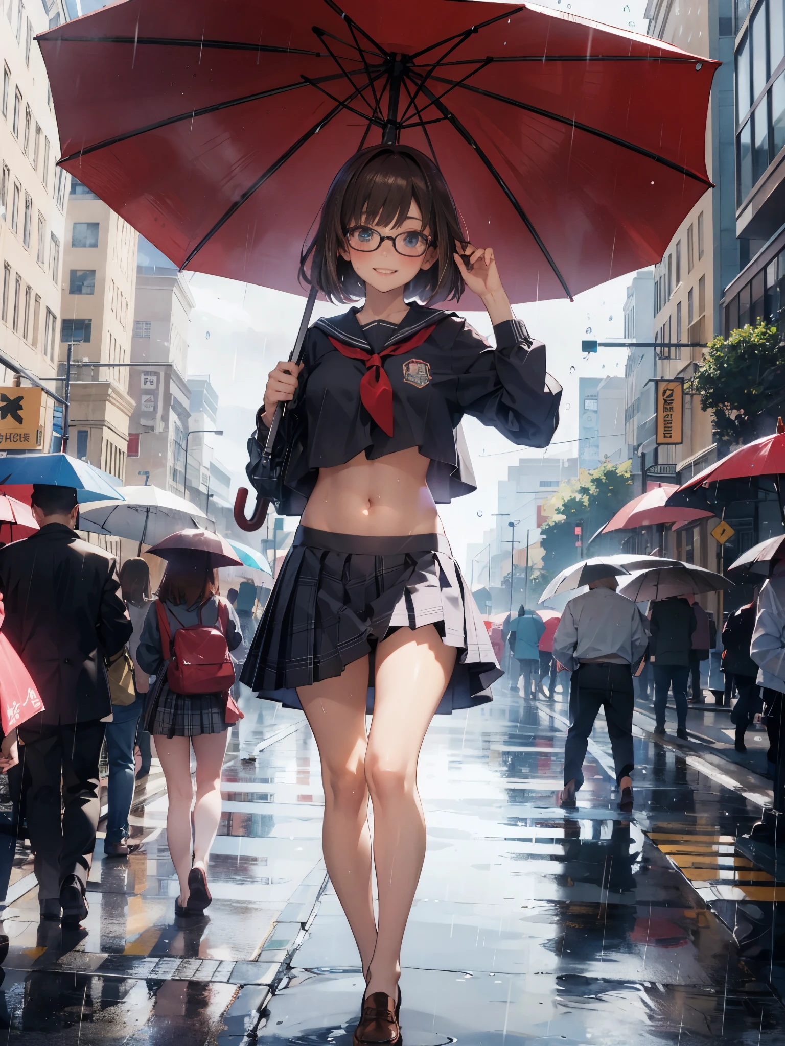 (super flat, flat shading), Honors Type, Really blushing, 17 years old, high school girl, wearing long sleeve shirt and plaid pleated mini skirt, Short bob cut brown hair, Glasses, sweaty healthy body, smile, bare legs, loafers, ultra realistic, early morning, breeze skirt lift, (clothes lift:1.2) (navel:1.5), (dynamic pose), in crowded street, rainy day, red umbrella,