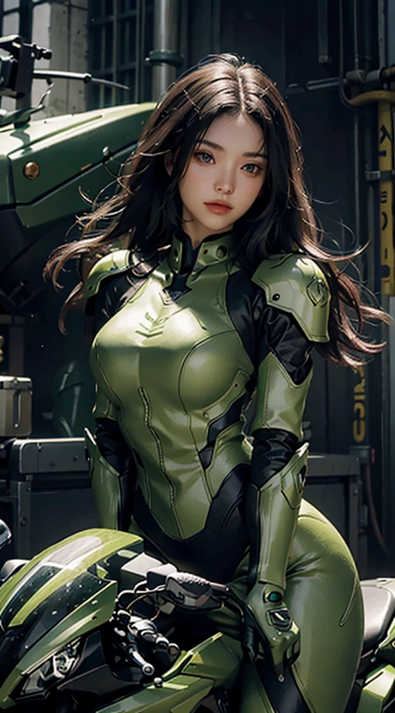 Highest image quality, Outstanding details, Ultra-high resolution, (realism: 1.4), Best example, Offer details, Highly concentrated 1girl, Beautiful face, Wearing black and green armor, Wearing a mecha helmet, Handheld directional controller, Riding a motorcycle, The background is a high-tech lighting scene of a future city.