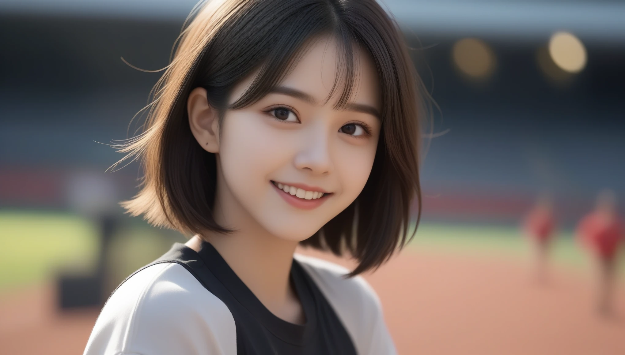 8k, Ultra-high resolution, highest quality, masterpiece, Surreal, photograph, girl1名, (:1.3), かわいいgirl, Cute Face, Beautiful eyes in every detail, In detail,masterpiece,one girl, (a beauty girl, delicate girl:1.3), (16 years old(Red sportswear:1.2), Definition of very fine particles, (Symmetrical black eyes:1.3), Looking into the camera, Big smile, Showing teeth, (Track Field View:1.2), Very small breasts, Brown short hair, girl, (Eye and facial details:1.5), (masterpiece, highest quality, Very detailed, Detailed face, 8k), Cowboy Shot From Below, Slouching posture,whole body