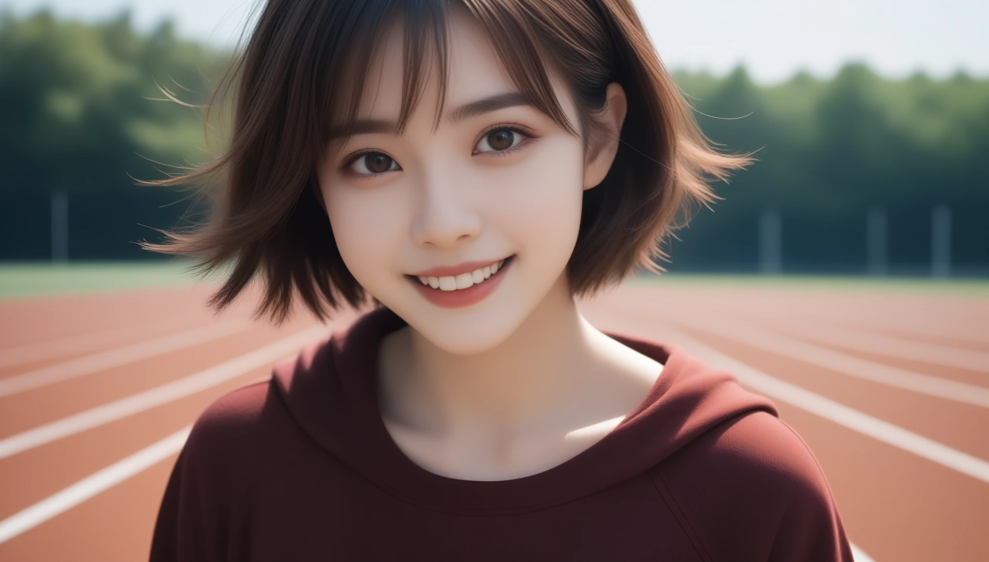 8k, Ultra-high resolution, highest quality, masterpiece, Surreal, photograph, girl1名, (16 years old:1.3), かわいいgirl, Cute Face, Beautiful eyes in every detail, In detail,masterpiece,one girl, (a beauty girl, delicate girl:1.3), (16 years old, Gal:1.3), (Red sportswear:1.2), Definition of very fine particles, (Symmetrical black eyes:1.3), Looking into the camera, Big smile, Showing teeth, (Track Field View:1.2), Very small breasts, Brown short hair, girl, (Eye and facial details:1.5), (masterpiece, highest quality, Very detailed, Detailed face, 8k),whole body