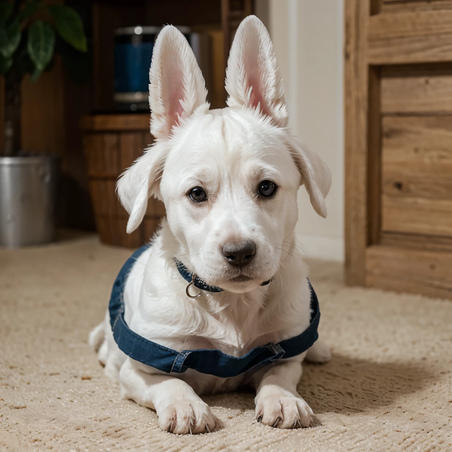 White dog with black and blue big nose small ears short legs and very cute