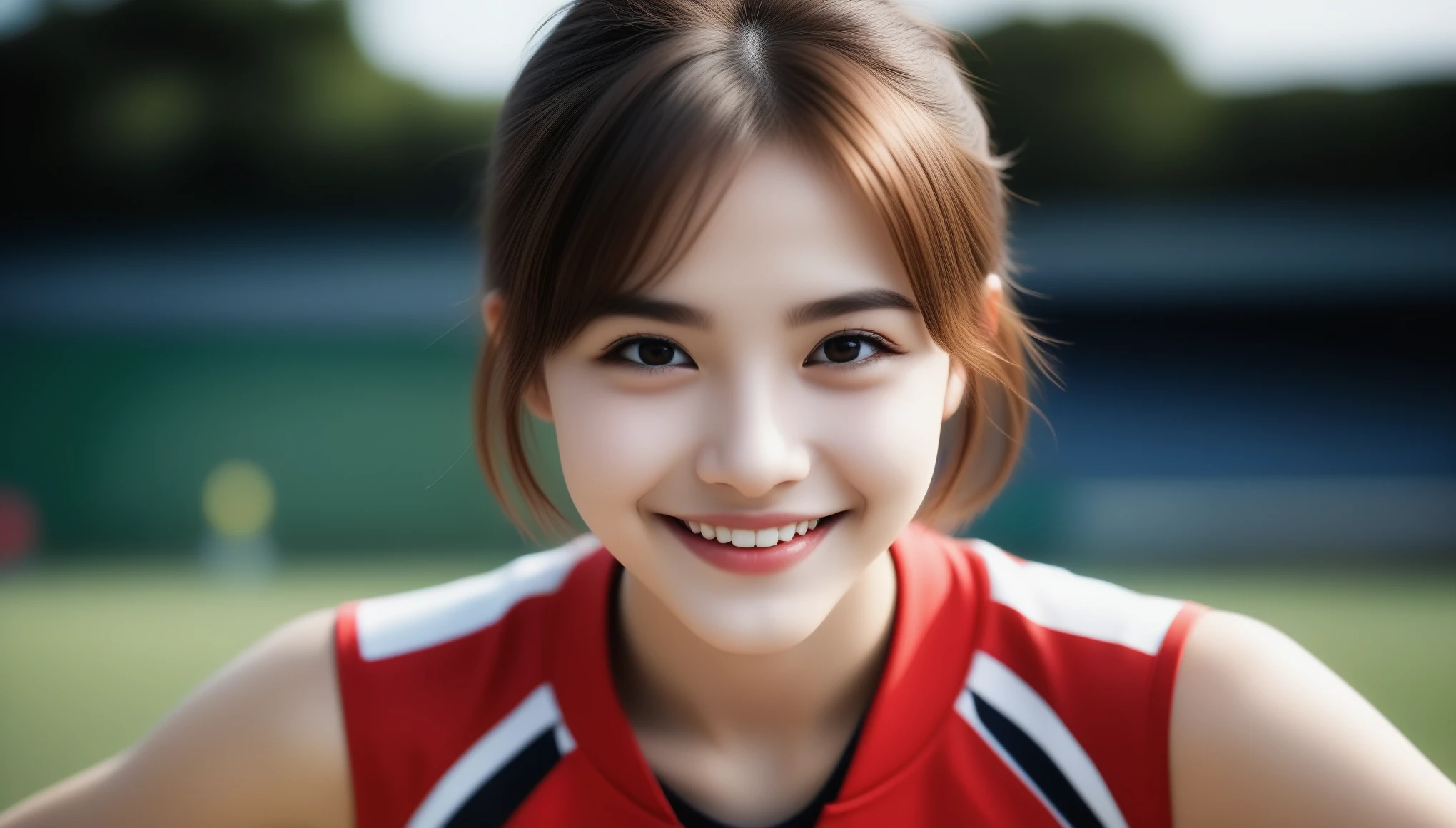 8k, Ultra-high resolution, highest quality, masterpiece, Surreal, photograph, girl1名, (16 years old:1.3), かわいいgirl, Cute Face, Beautiful eyes in every detail, In detail,masterpiece,one girl, (a beauty girl, delicate girl:1.3), (16 years old, Gal:1.3), (Red sportswear:1.2), Definition of very fine particles, (Symmetrical black eyes:1.3), Looking into the camera, Big smile, Showing teeth, (Track Field View:1.2), Very small breasts, Brown short hair, girl, (Eye and facial details:1.5), (masterpiece, highest quality, Very detailed, Detailed face, 8k),whole body
