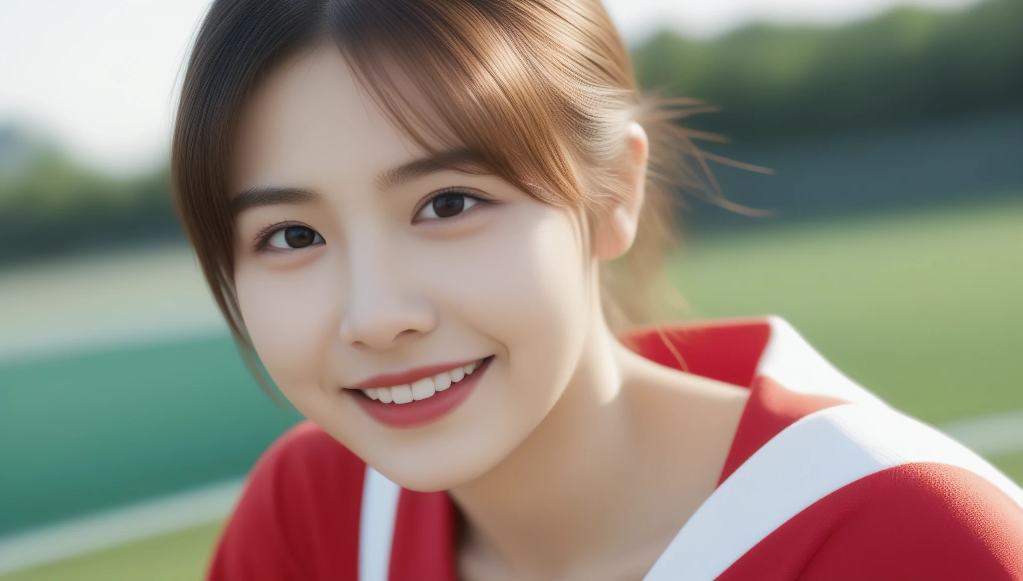 8k, Ultra-high resolution, highest quality, masterpiece, Surreal, photograph, girl1名, (16 years old:1.3), かわいいgirl, Cute Face, Beautiful eyes in every detail, In detail,masterpiece,one girl, (a beauty girl, delicate girl:1.3), (16 years old, Gal:1.3), (Red sportswear:1.2), Definition of very fine particles, (Symmetrical black eyes:1.3), Looking into the camera, Big smile, Showing teeth, (Track Field View:1.2), Very small breasts, Brown short hair, girl, (Eye and facial details:1.5), (masterpiece, highest quality, Very detailed, Detailed face, 8k),whole body