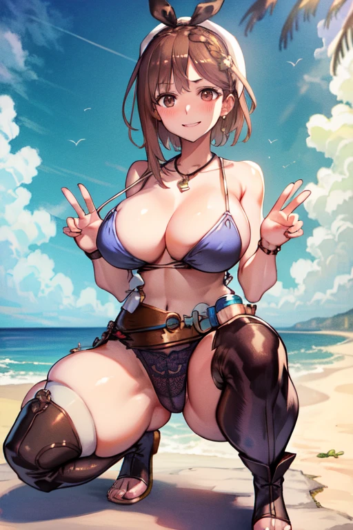 masterpiece, highest quality, High resolution, Extremely detailed CG, First default, First closing, Bare thighs, One Girl, belt, flask, chest, alone, Laughter, Seaside,Black lace underwear,Sumo,Four threads.Brown Skin,After sunburn,Seaside,Squat,Kneel,boots,Spread your legs,Hip,smile,The fabric is thin,See through,fun,Open your hands,Inserted by a man,Trance,Realistic depiction,
