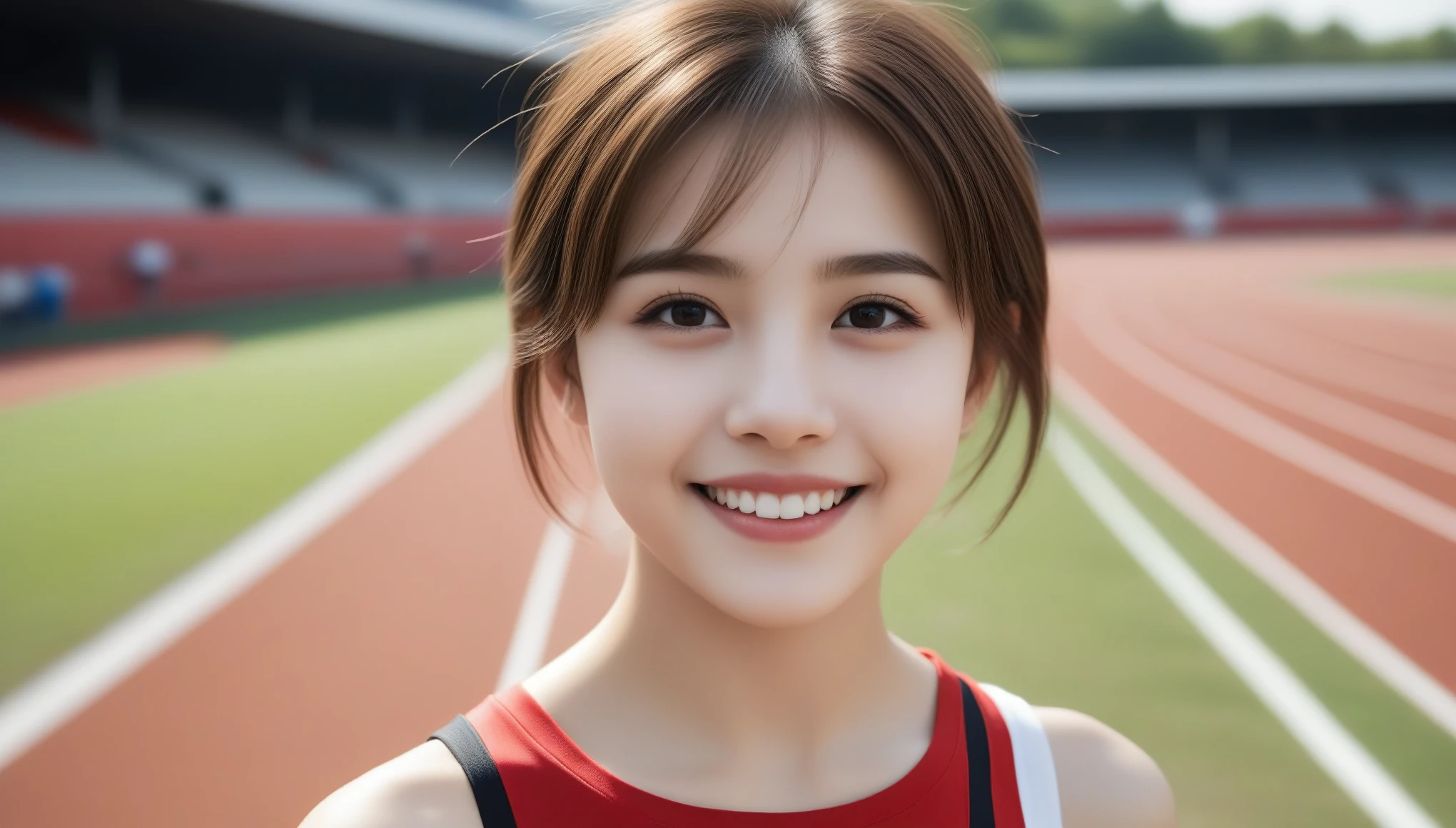 8k, Ultra-high resolution, highest quality, masterpiece, Surreal, photograph, girl1名, (16 years old:1.3), かわいいgirl, Cute Face, Beautiful eyes in every detail, In detail,masterpiece,one girl, (a beauty girl, delicate girl:1.3), (16 years old, Gal:1.3), (Red sportswear:1.2), Definition of very fine particles, (Symmetrical black eyes:1.3), Looking into the camera, Big smile, Showing teeth, (Track Field View:1.2), Very small breasts, Brown short hair, girl, (Eye and facial details:1.5), (masterpiece, highest quality, Very detailed, Detailed face, 8k),whole body
