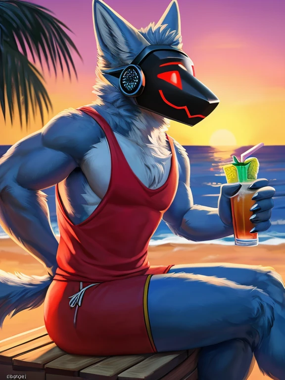 , (((A light blue anthropomorphic fur protogen furry at the beach wearing a red tanktop and Has black shades on his head sitting at the tiki bar having a drink and smiling with the beach in the background in the sunset))), wearing summer clothing , day, , sensual, detailed, uploaded to e621, beautiful and detailed portrait of an anthropomorphic , (((male))) uploaded to e621, zaush, foxovh, movie lighting, thicc, alone, movie cover, sfw, Legoshi (Beasta 