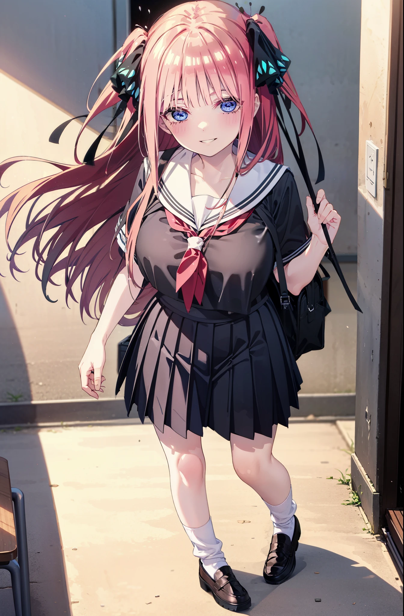 I was silent, nino nakano, Long Hair, bangs, blue eyes, hair ornaments, Hair Ribbon, Pink Hair, blunt bangs, Both sides up, butterfly hair ornaments,smile, Grin,Big Breasts,Japanese schoolgirl(Black Sailor Suit),Short sleeve,Black pleated skirt,White loose socks,Brown Loafers,Daytime,Clear skies,whole bodyがイラストが入るように,Looking down from above,School bag,
break indoors, Coffee shop,
break looking at viewer, whole body,
break (masterpiece:1.2), highest quality, High resolution, unity 8k wallpaper, (shape:0.8), (Beautiful details:1.6), Highly detailed face, Perfect lighting, Extremely detailed CG, (Perfect hands, Perfect Anatomy),