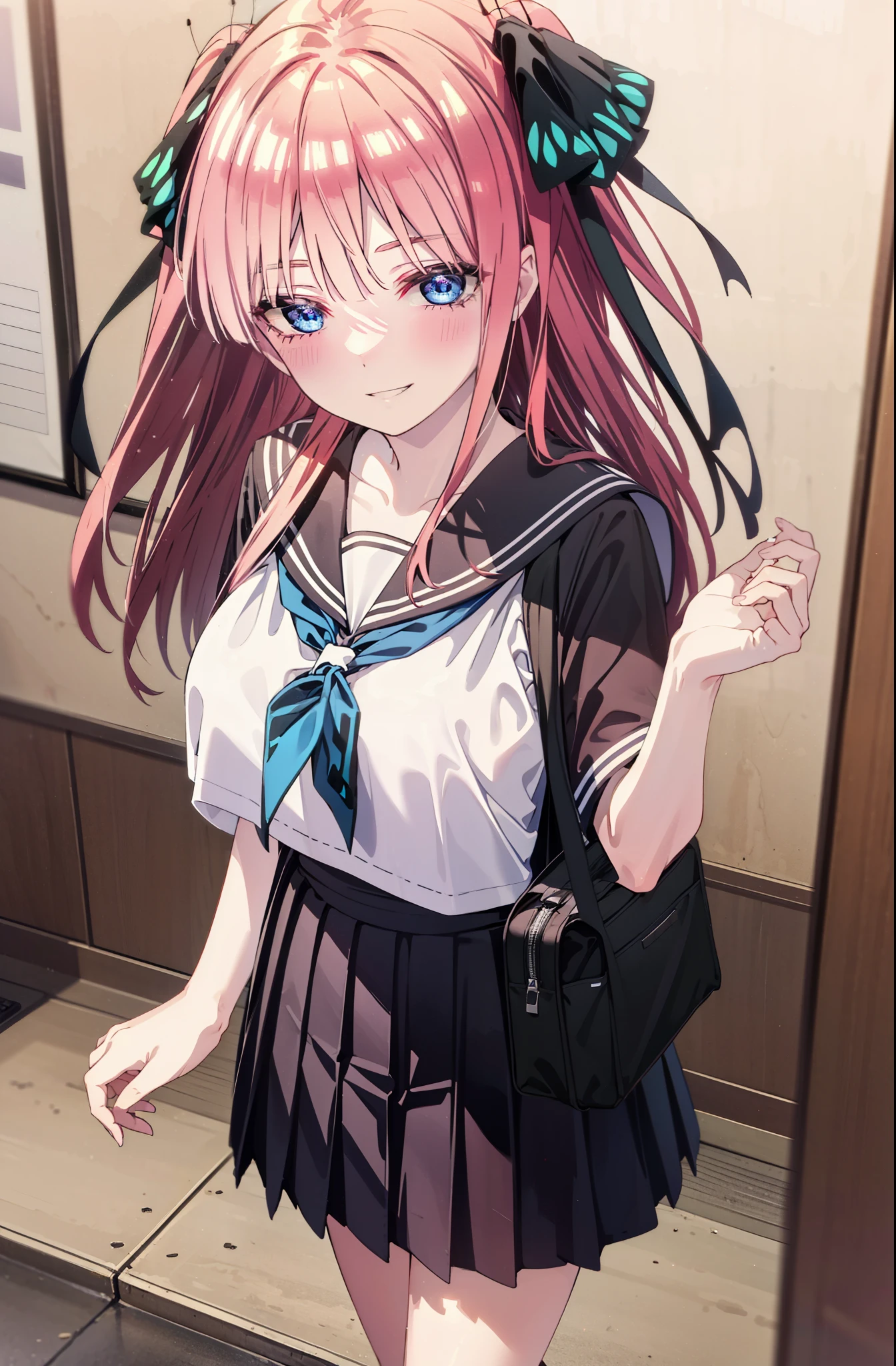 I was silent, nino nakano, Long Hair, bangs, blue eyes, hair ornaments, Hair Ribbon, Pink Hair, blunt bangs, Both sides up, butterfly hair ornaments,smile, Grin,Big Breasts,Japanese schoolgirl(Black Sailor Suit),Short sleeve,Black pleated skirt,White loose socks,Brown Loafers,Daytime,Clear skies,whole bodyがイラストが入るように,Looking down from above,School bag,
break indoors, Coffee shop,
break looking at viewer, whole body,
break (masterpiece:1.2), highest quality, High resolution, unity 8k wallpaper, (shape:0.8), (Beautiful details:1.6), Highly detailed face, Perfect lighting, Extremely detailed CG, (Perfect hands, Perfect Anatomy),