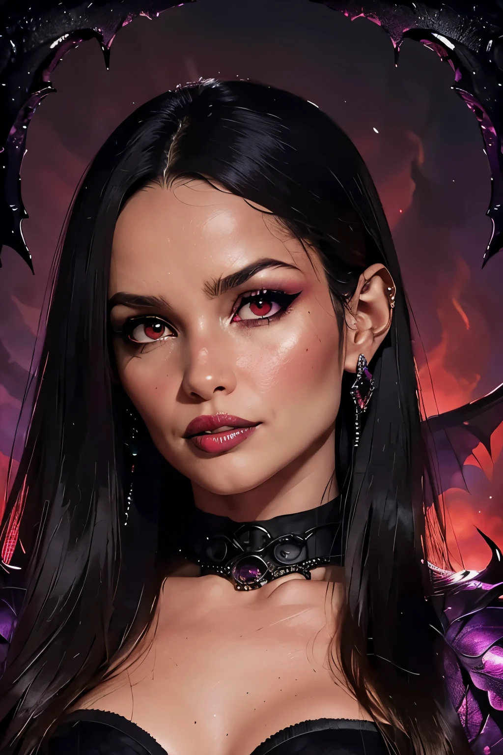 (masterpiece), (unrivalled quality:1.4), ultra-high resolution, [:velvet textures:0.2], hyperrealistic, dark fantasy portrait, jul13tt3 woman, adult (succubus:0.7) with a sly smirk, hypnotic ruby red eyes, raven-black hair cascading in waves, solo, detailed face, (cavernous underworld theme:1.1) (demonic wings:1.05), personified forbidden temptation, allure, power, darkness, succubus mythology symbolism, firelight, glow, rich purples and reds, symmetry, obsidian, foreboding cavern background, otherworldly infernal atmosphere