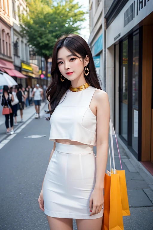 Beautiful girl: Asia, siêu dễ thương;
age: from 18-20 years old;
skin: milk white, rosy and flawless;
hair: copper orange color, smooth, lung linh dưới sunlight, detail;
eye: jet black, almond shaped, sexy, youthful, trong trẻo, siêu detail, elegant, charming, trang điểm high solution, true, bắt eye;
mí eye: delicate, Perfect Beauty;
eyebrow: cong, dear, high solution;
Face: beautiful, pure, Andromeda, light makeup, lovely, Perfect balance, đẹp đến từng detail;
nose: xinh, lovely, cao;
cheekbone: prominent;
lip: charming, light red lipstick, son bóng lovely;
răng: Beaming smile, Lily-white;
body: full of youth, khít chặt apparel;
accessory: chain, earring, bracelet;
apparel: mesh fabric, metal thread, shiny;
Fashion style: high-class, Modern 2024, luxurious;
Image quality: non-NSFW, 8K CG HD, high solution, Super nice graphics, professional, detail, colourful, ultrafine, advanced techniques, RAW true;
light: complex color combinations, black gold rays;
sunlight: twinkle, illuminate the girl's body;
Wallpaper: random, beautiful;
(((Girl standing on shopping street))), the girl smiled brightly;
Colorful street art, The photo is visually appealing;