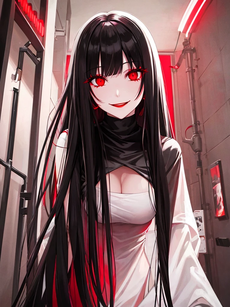 Horror woman, red light eyes, smile, long hair black, dark, she is solo, red lipstick,