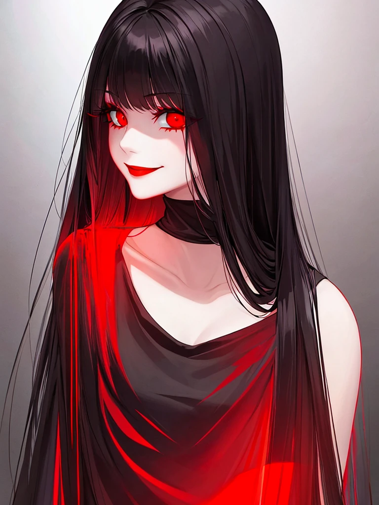 Horror woman, red light eyes, smile, long hair black, dark, she is solo, red lipstick,